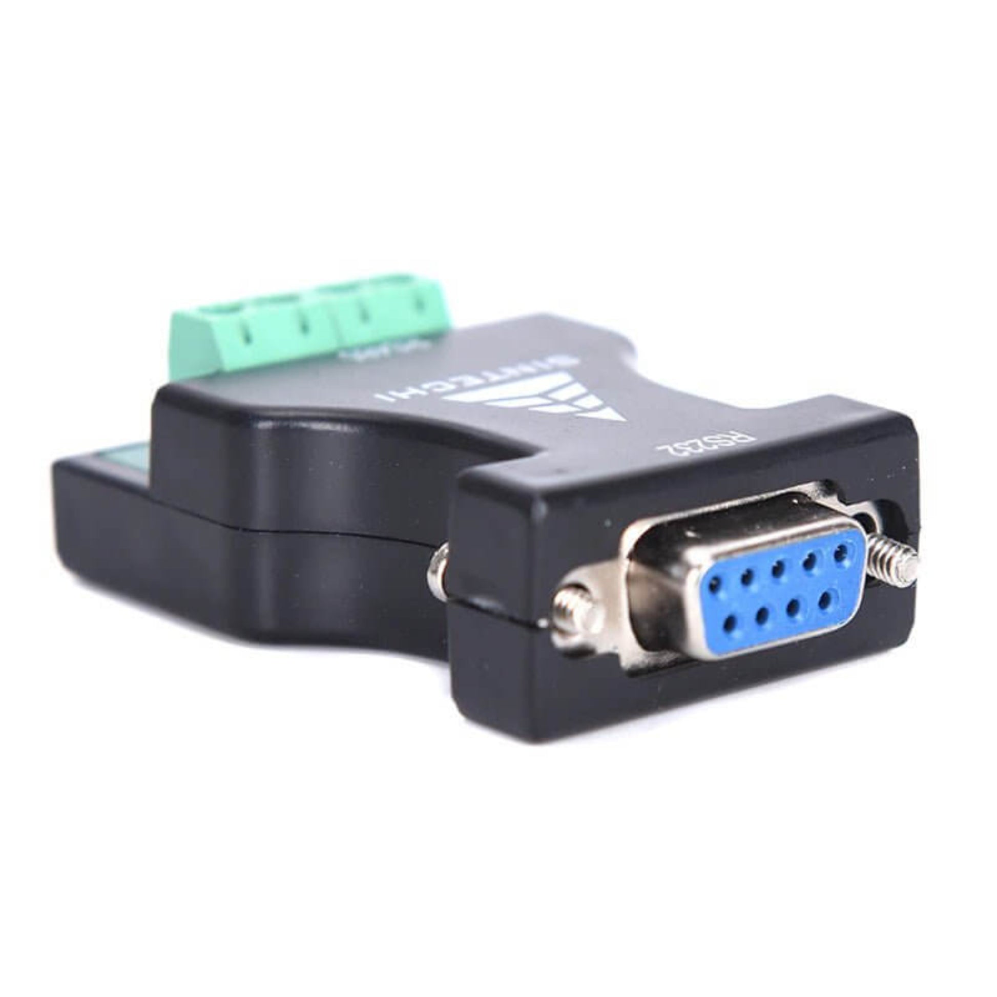 Side profile of the RS232 to RS485 adapter, focusing on the male 9-pin DB9 connector.