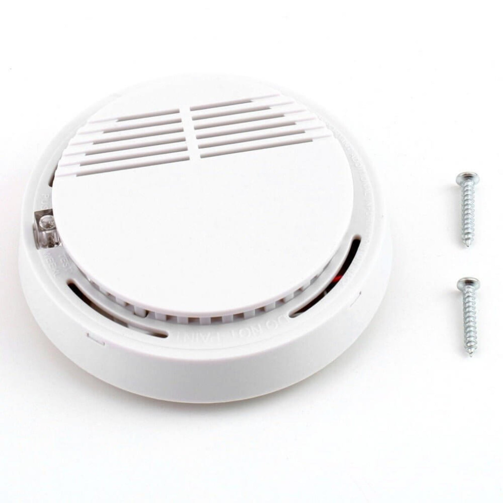 White standalone smoke alarm with two mounting screws, displaying the product and its easy-to-install accessories.