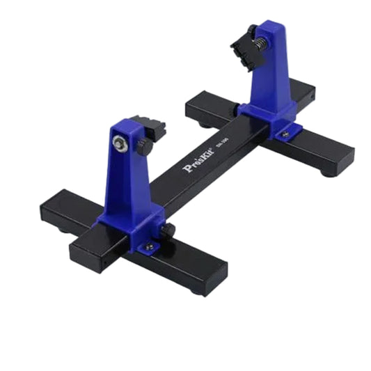 Pro'sKit adjustable soldering clamp holder for PCB repair with 360-degree rotation capabilities.
