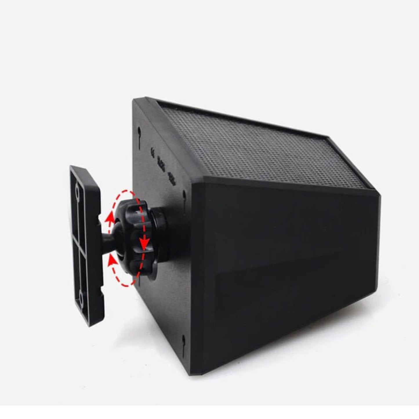 Detail of the adjustable mounting bracket on the back of the solar alarm light, for optimizing sensor coverage.