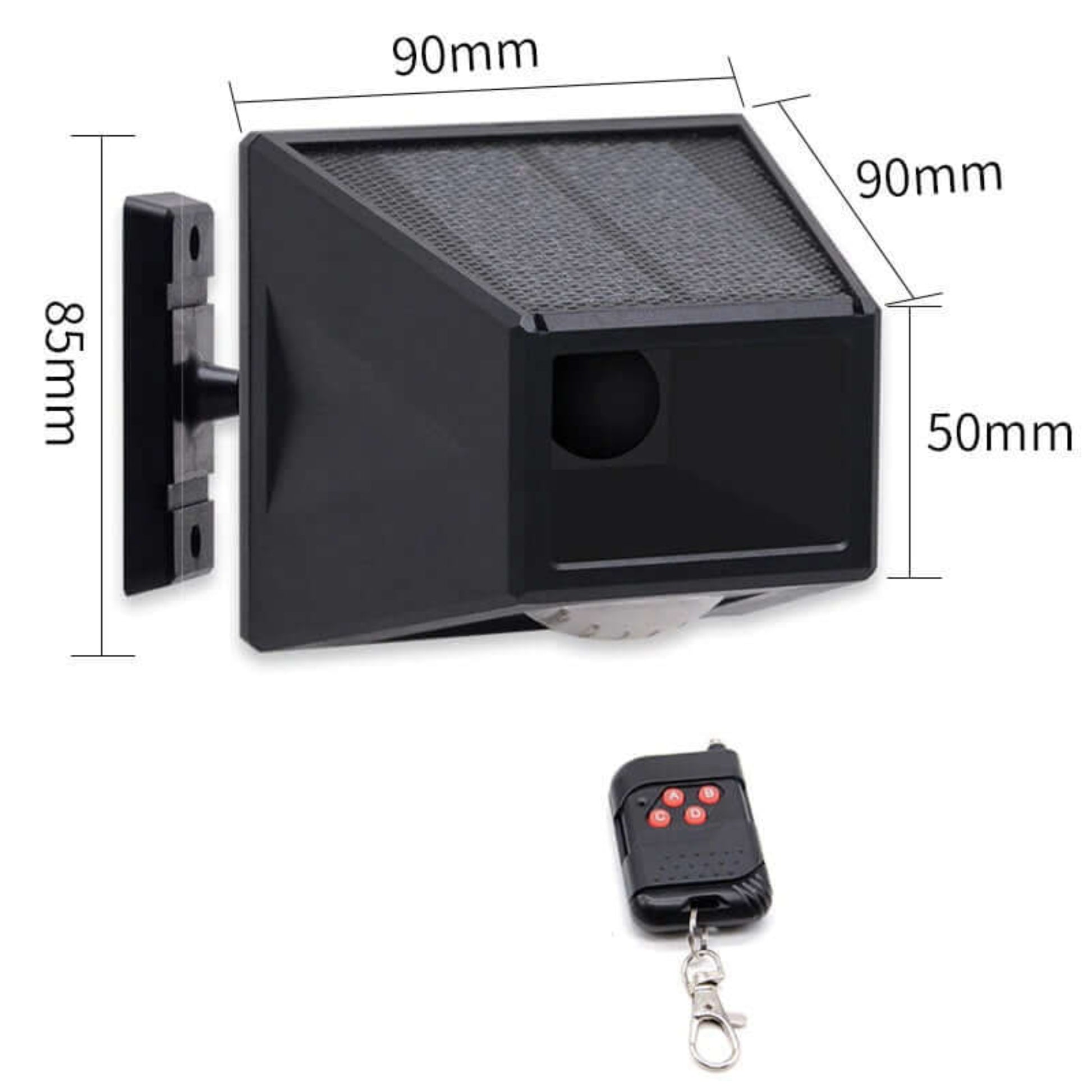 Dimensions of the solar anti-theft alarm light: 85mm high, 90mm wide, with solar panel and attached remote control.