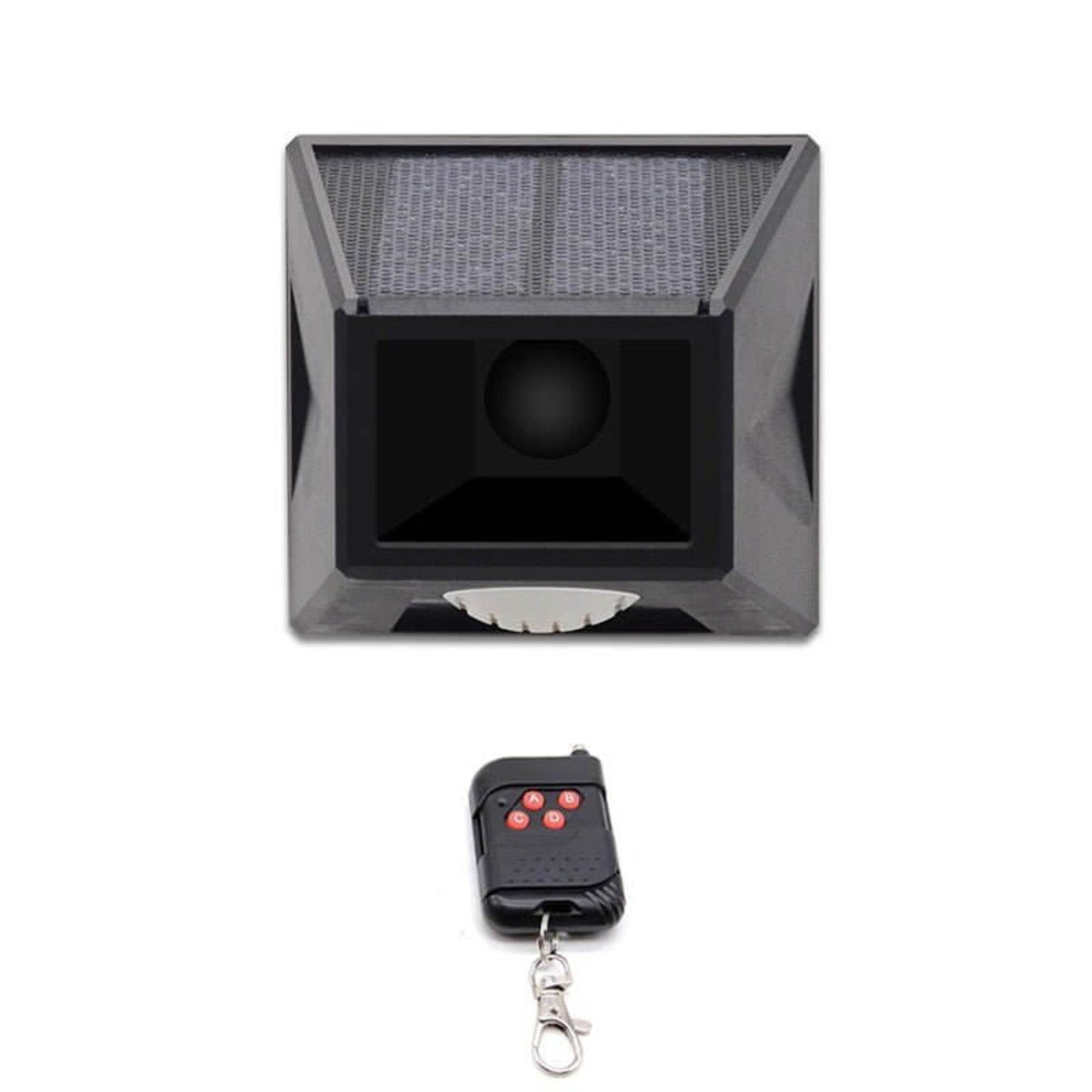 Close-up front view of the black solar motion sensor alarm light with solar panel on top and remote below.