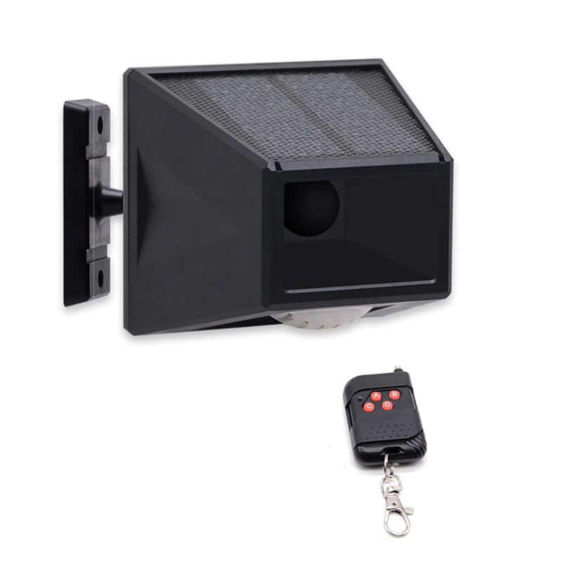 Side view of the solar alarm light with adjustable bracket and remote, suitable for outdoor anti-theft and animal repellent.