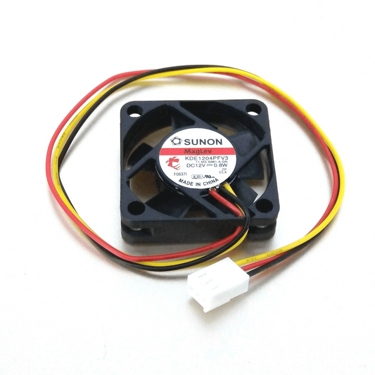 Top view of a black SUNON MagLev 40mm cooling fan, model KDE1204PFV3, showing the label and 3-pin connector.
