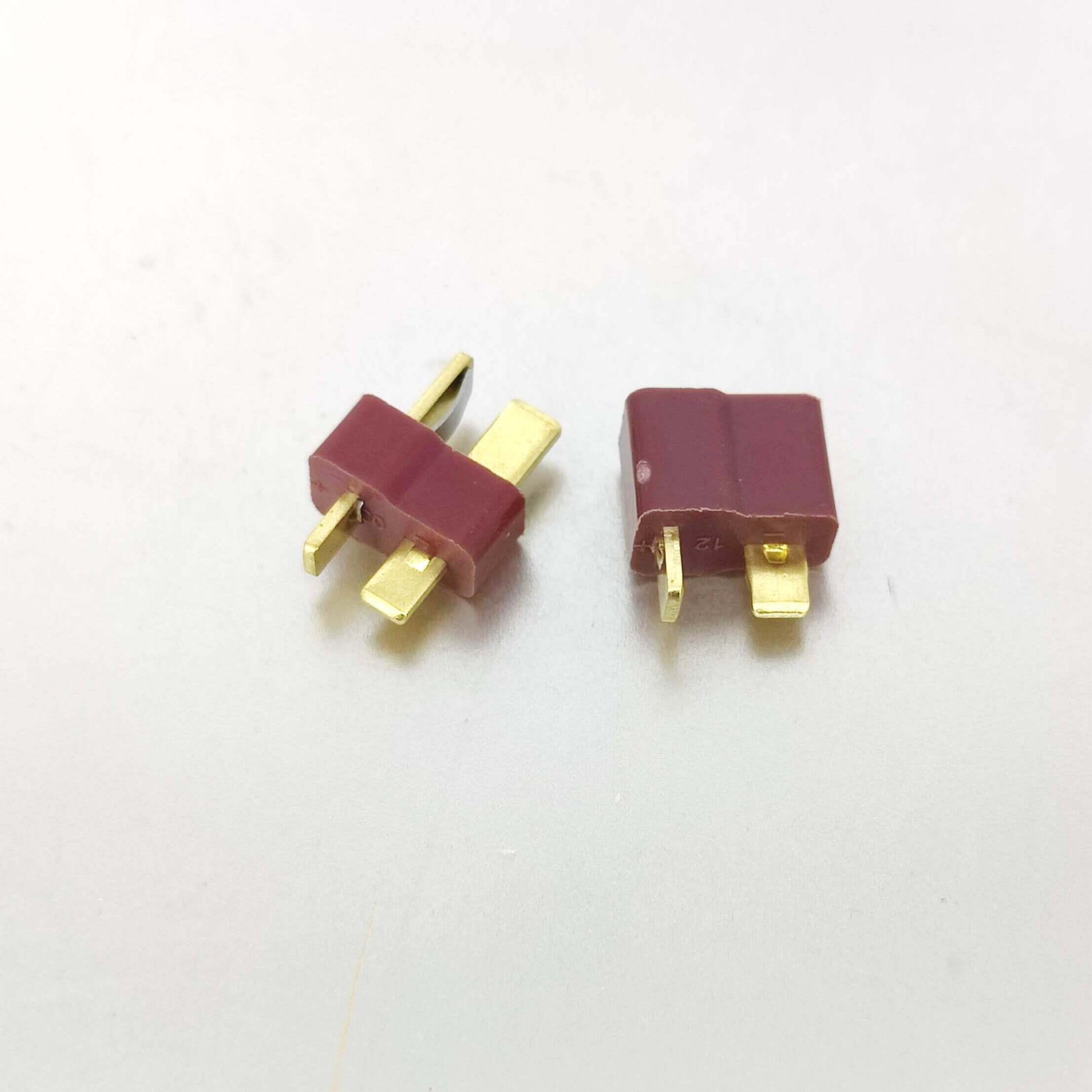 T-Plug male and female connectors, Deans style, ideal for RC LiPo battery and ESC connections, low-resistance design.