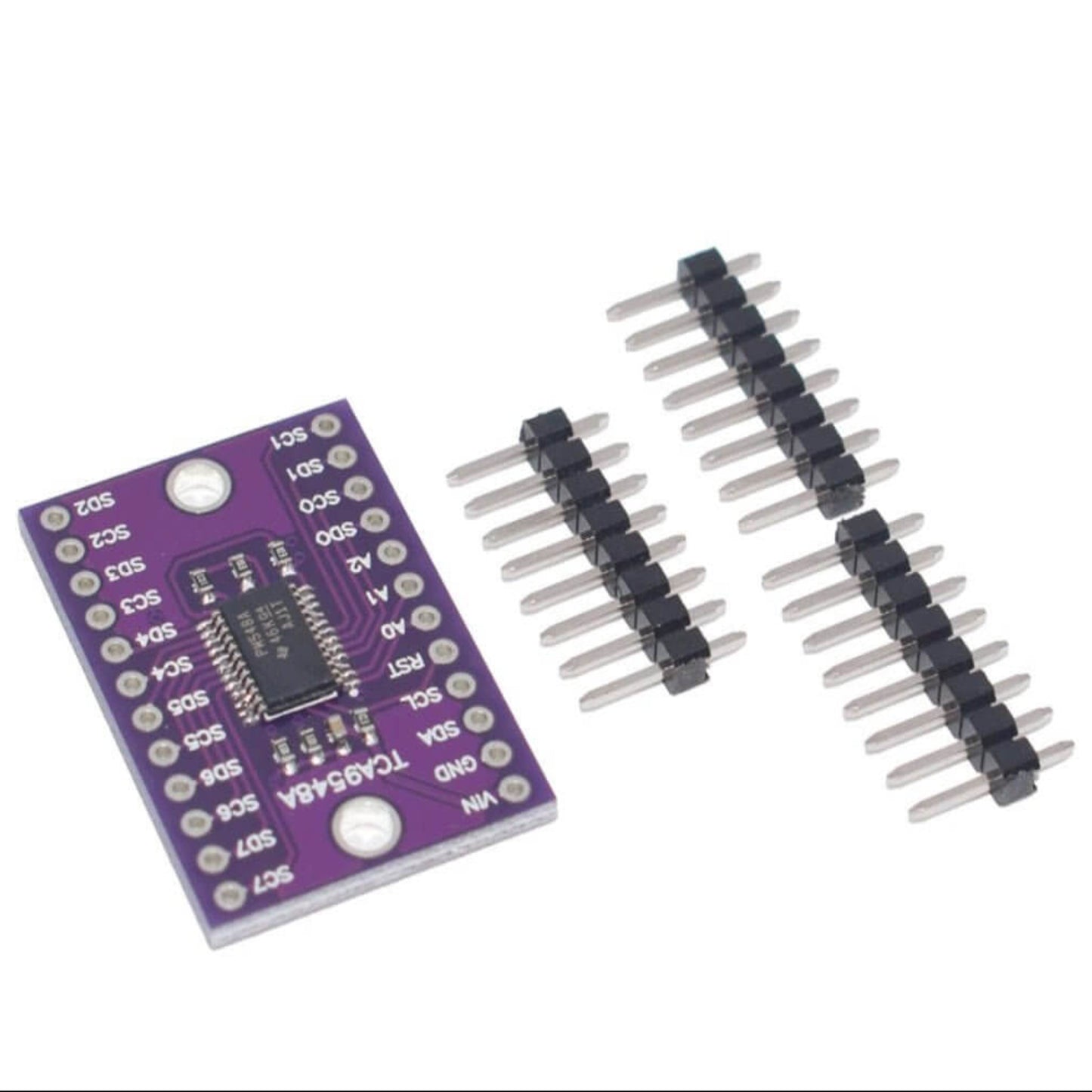TCA9548A I2C 8-channel multiplexer module for Arduino, showing header pins and component side.