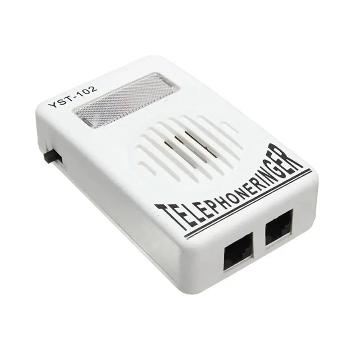 Angled view of extra-loud telephone ringer with strobe light and visible side switch for control.