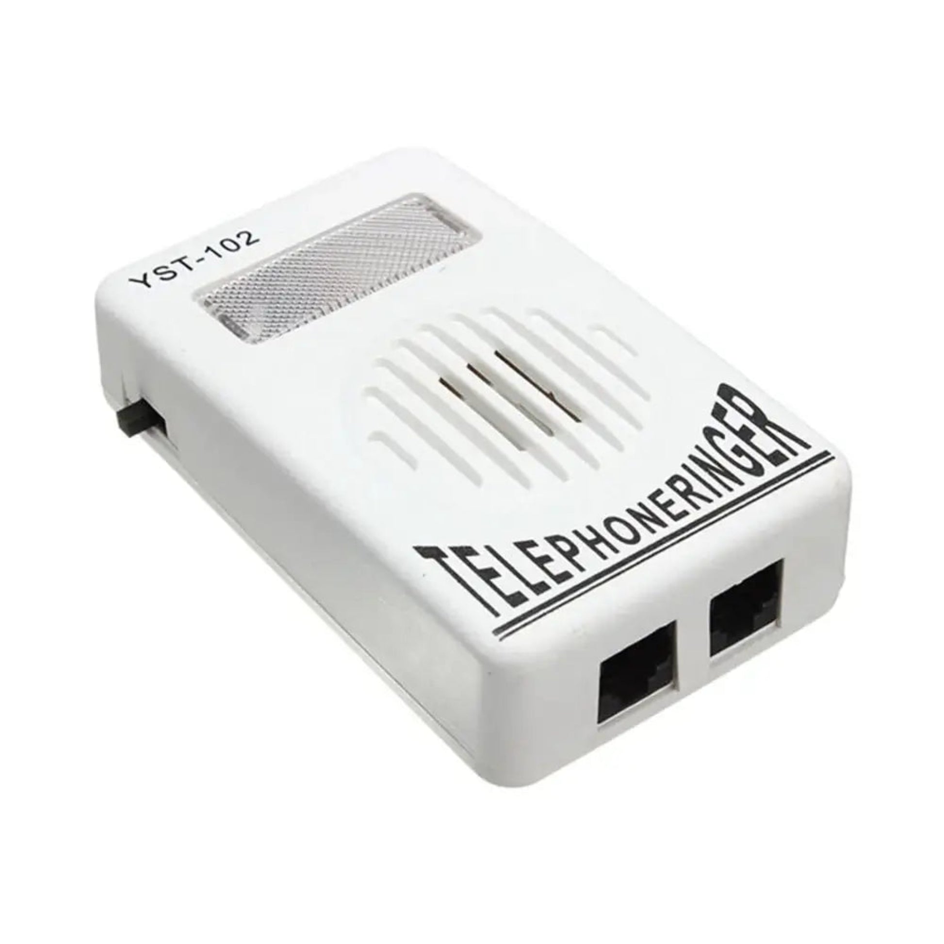 Angled view of extra-loud telephone ringer with strobe light and visible side switch for control.