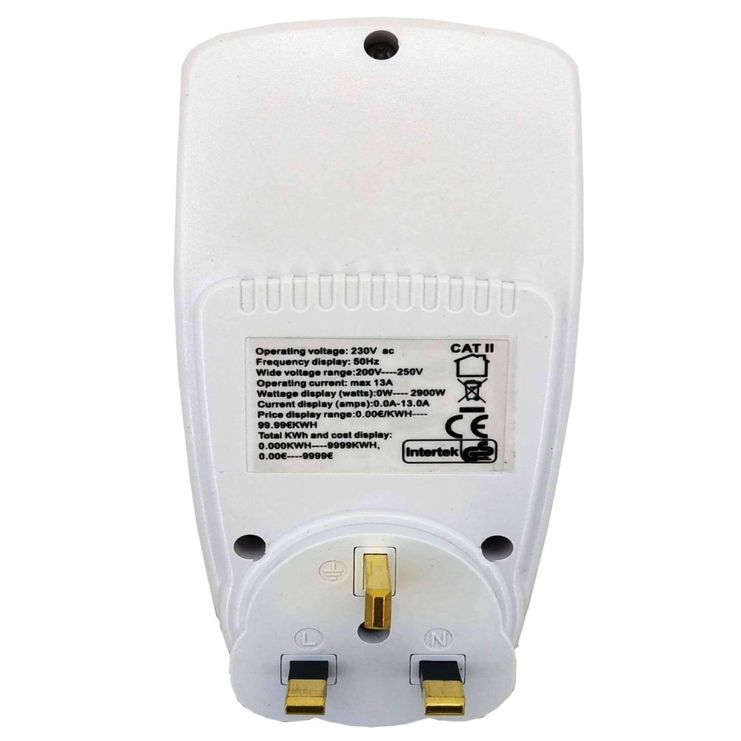 3-Pin Type G power meter with UK plug design for monitoring electricity usage and bills.