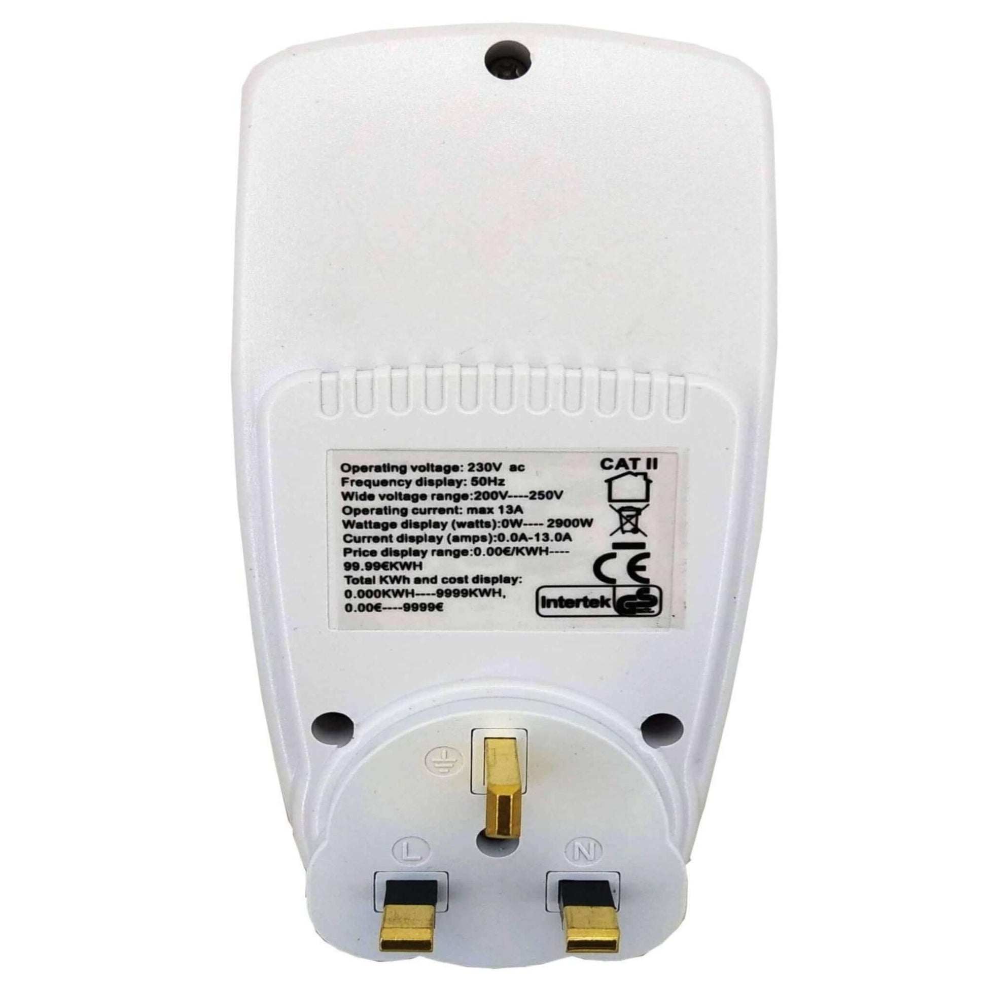 3-Pin Type G power meter with UK plug design for monitoring electricity usage and bills.