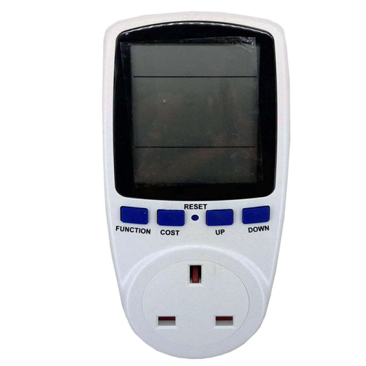 3 PIN Type G power meter monitor with LCD display for tracking energy usage and costs in UK homes.