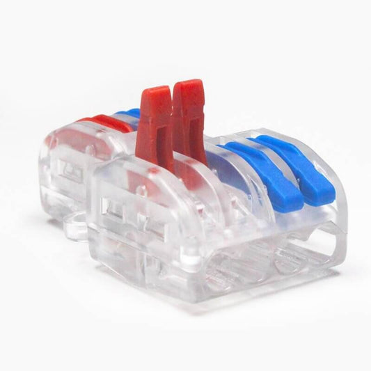 Transparent 2 in 4/6 out Quick Splice Wire Connectors with blue and red levers for easy wiring.