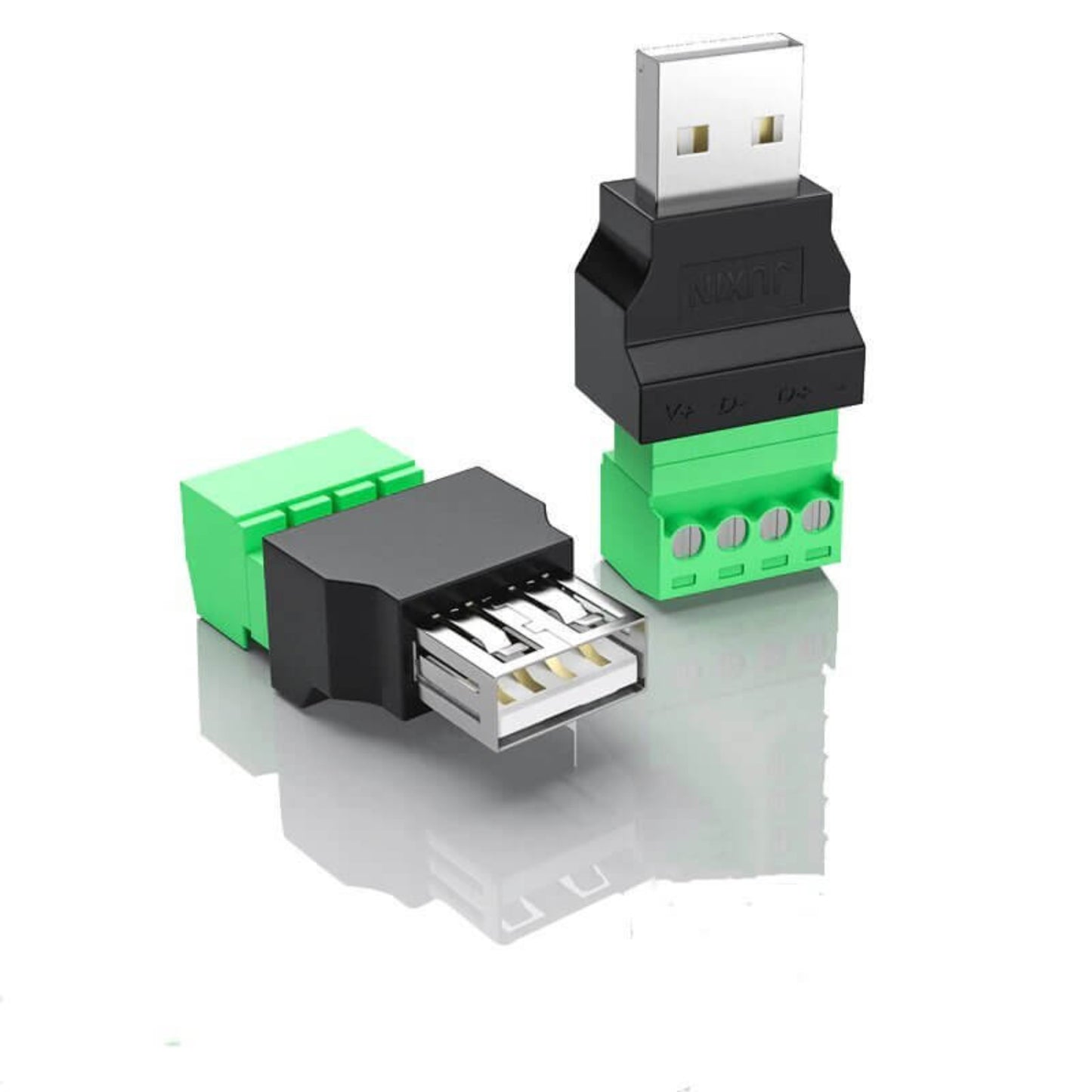 USB to 4-pin screw connector adapter with male and female USB ports for versatile connectivity
