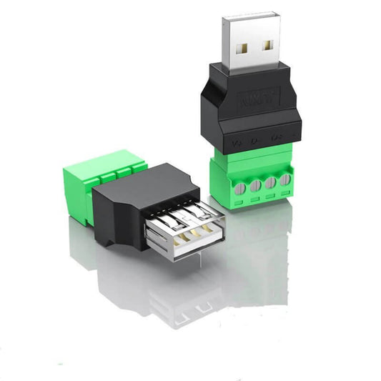 USB to 4-pin screw connector adapter with male and female USB ports for versatile connectivity