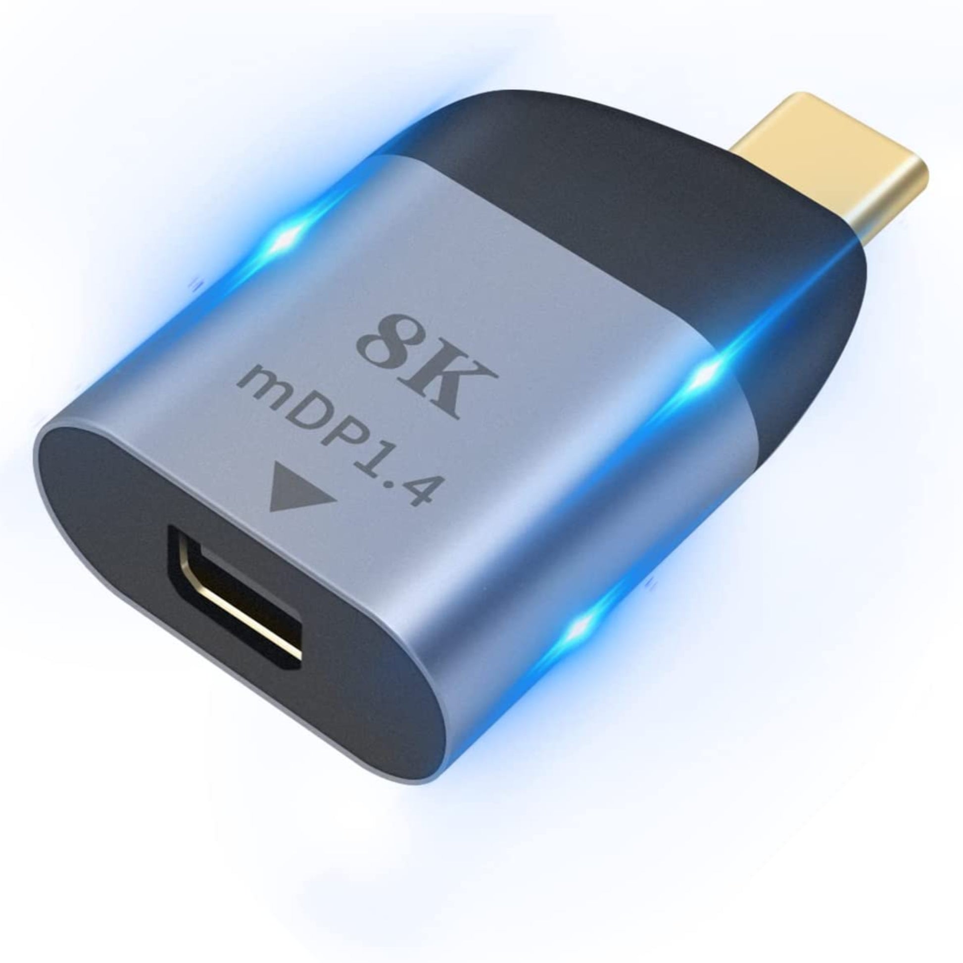 USB-C to Mini DisplayPort 8K adapter with LED indicators for ultra HD display connectivity.