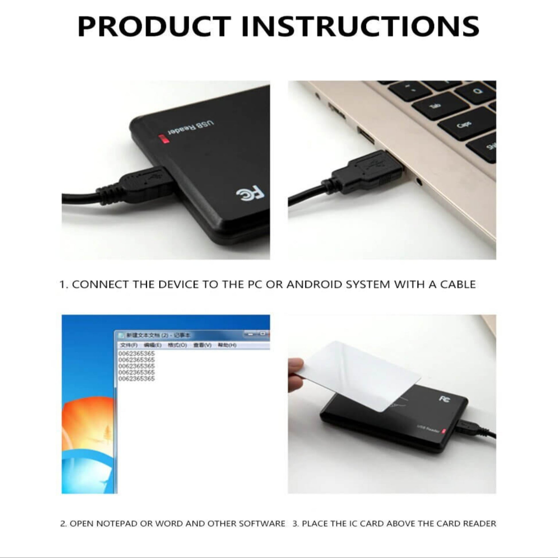 Instructions for using USB Contactless IC/ID Card Reader with PC or Android, including setup steps.