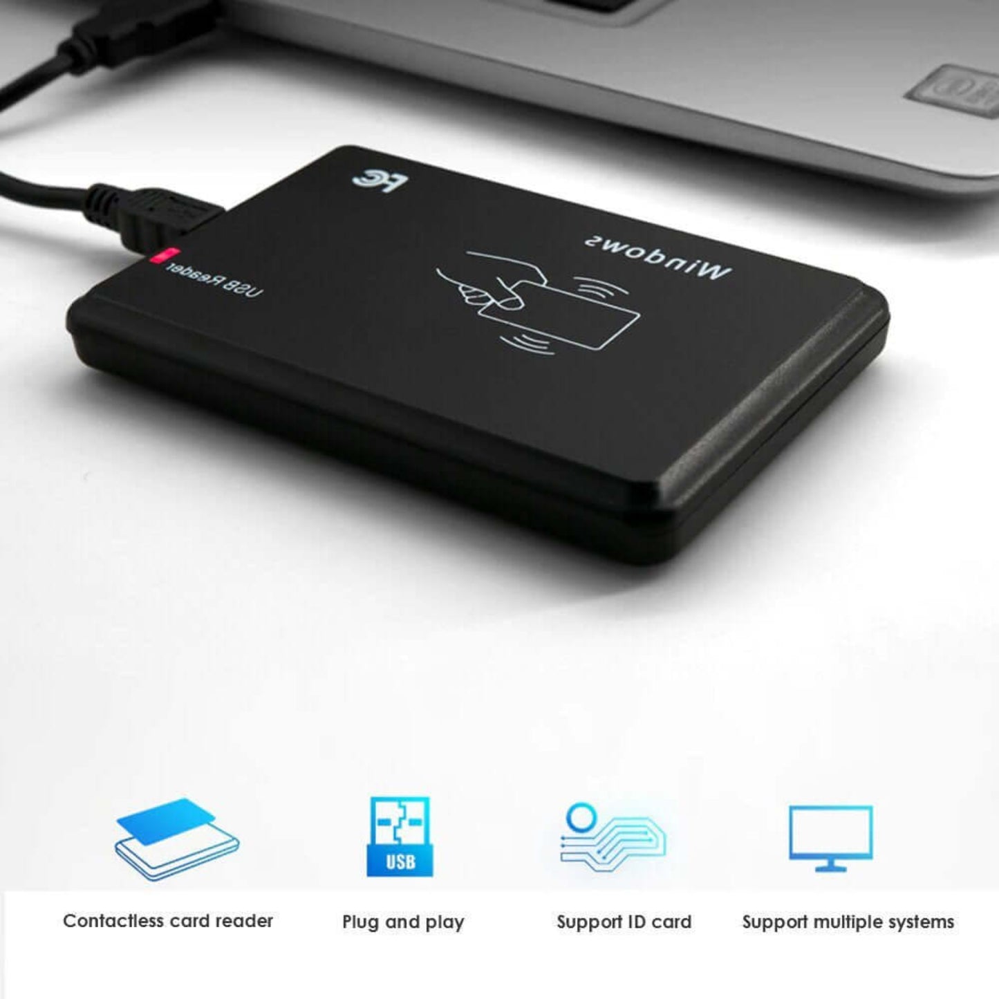 USB Contactless IC/ID Card Reader showcasing plug-and-play features and compatibility with multiple systems.