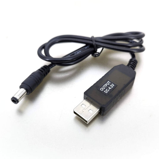 USB to 4.2V 8.4V 12.6V charging cable for 18650 lithium battery pack, including USB and DC connectors.