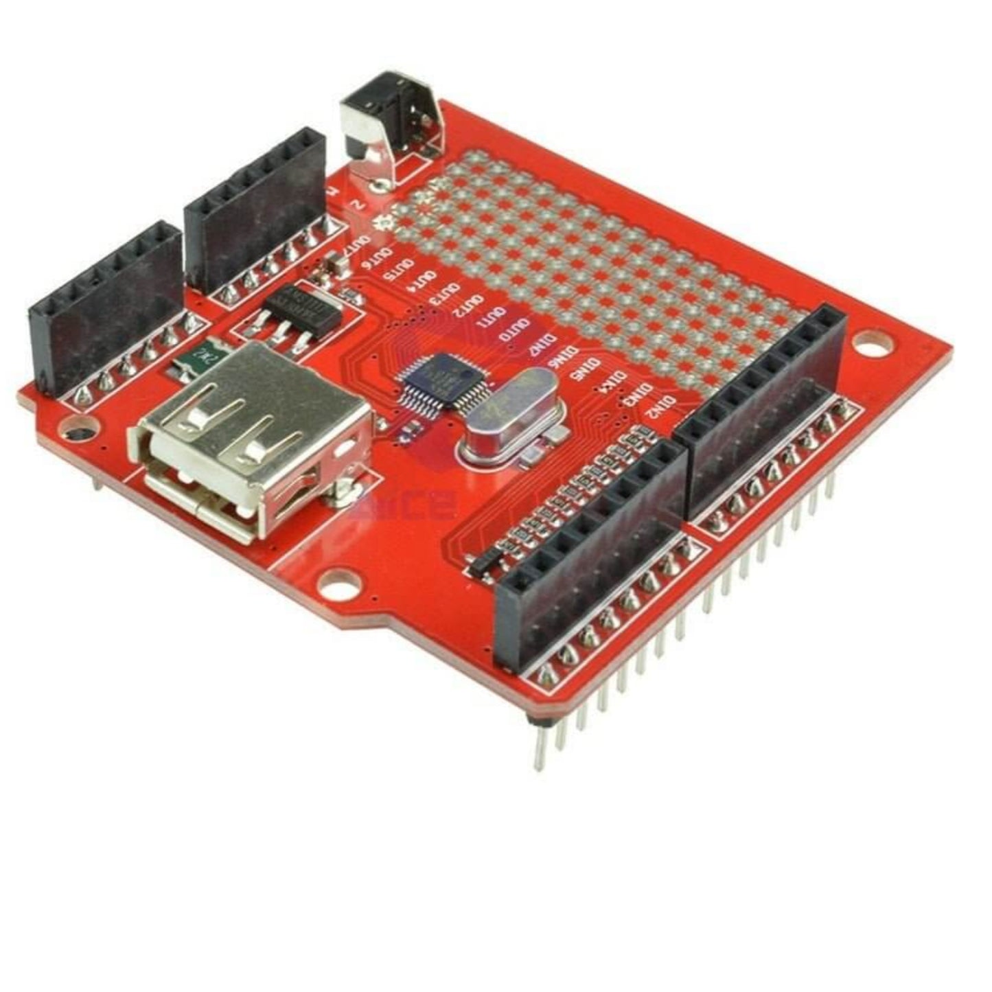 USB Host Shield for Arduino Mega with USB port and pin headers for DIY electronics projects and expansion.