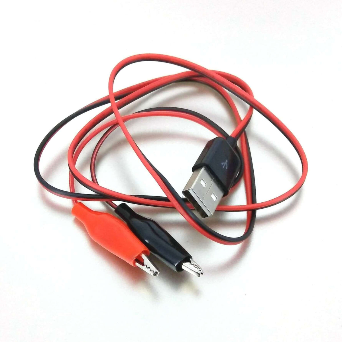 USB to dual copper alligator test clips, 60cm, for multimeters and voltmeters, red and black connectors.