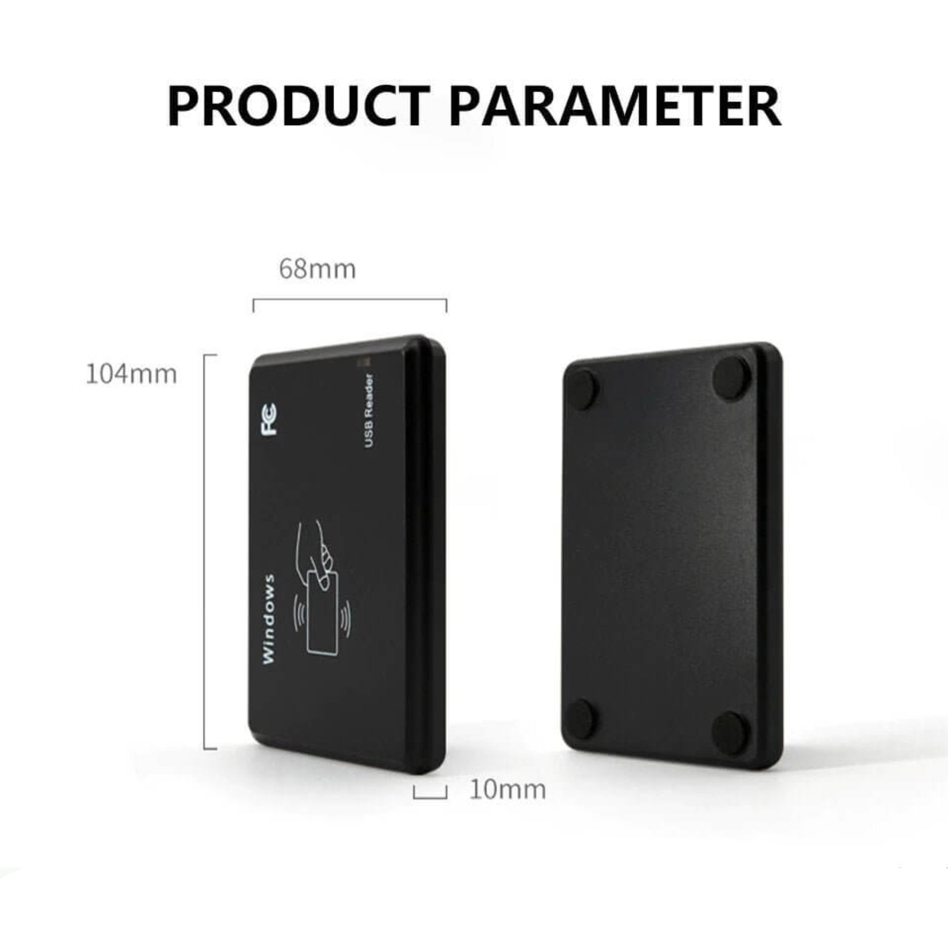 USB Contactless IC/ID Card Reader dimensions on a laptop, showcasing its compact design and parameters.