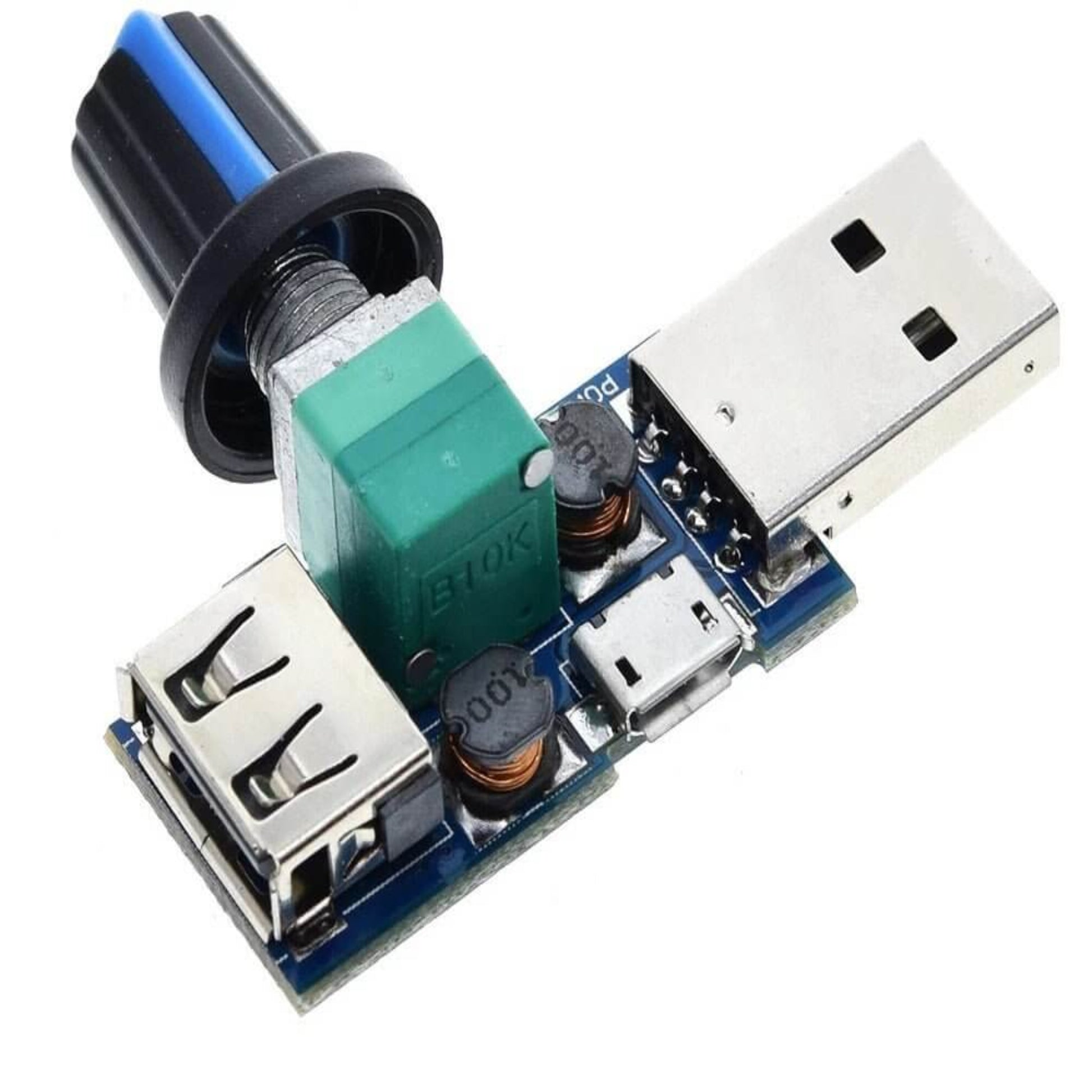 A top-down view of the USB speed regulator, highlighting the Micro USB power input and USB output port.