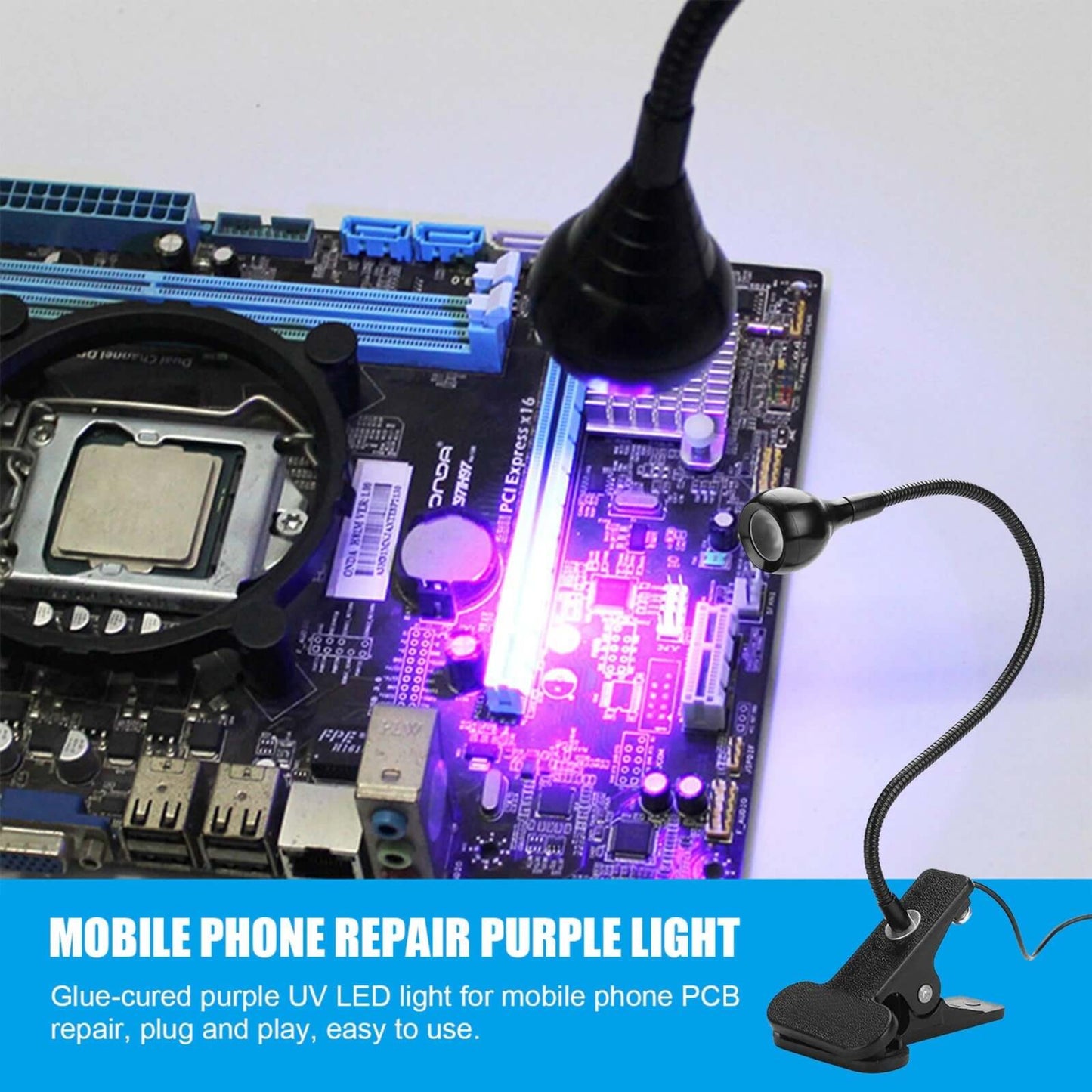 UV lamp curing adhesive on a smartphone screen repair task