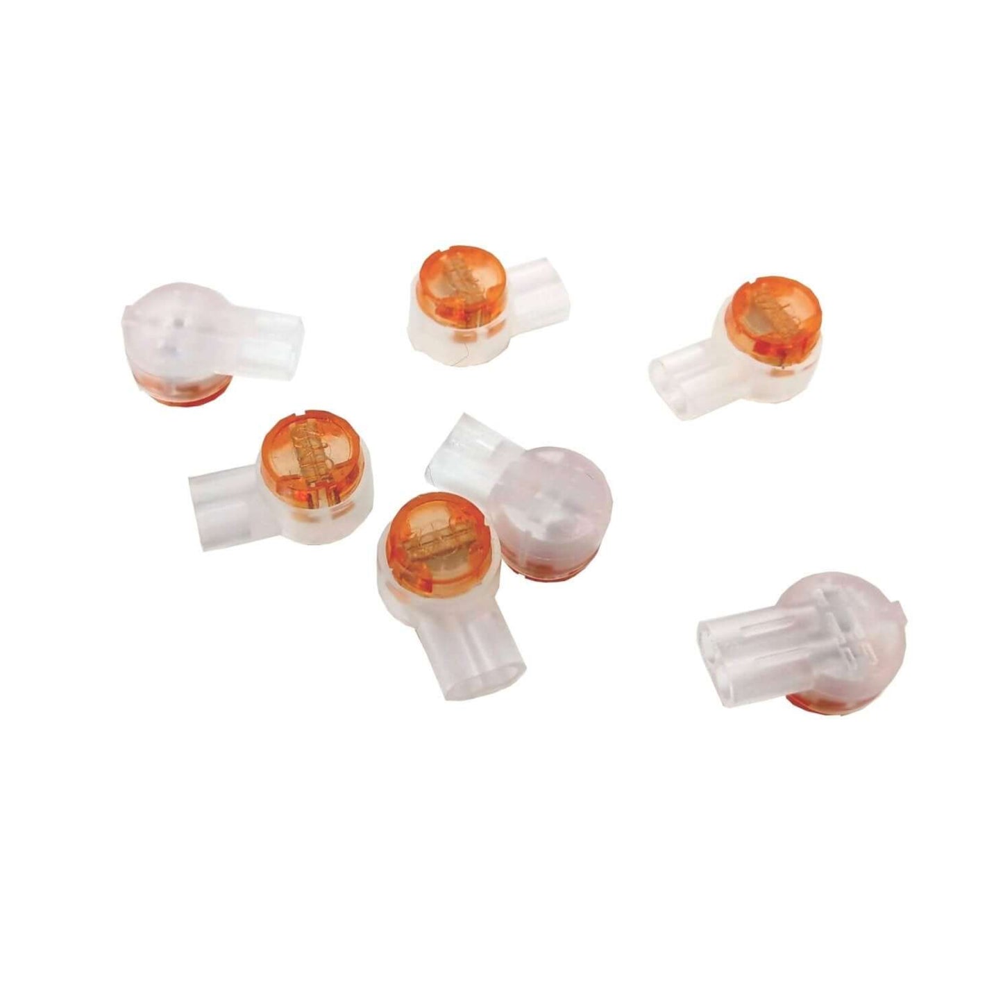 UY2 butt splice connectors with orange caps and dual-blade IDC for 19-26 AWG telephone wire splicing.