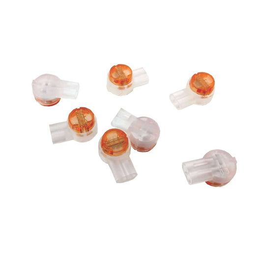 UY2 butt splice connectors with orange caps and dual-blade IDC for 19-26 AWG telephone wire splicing.