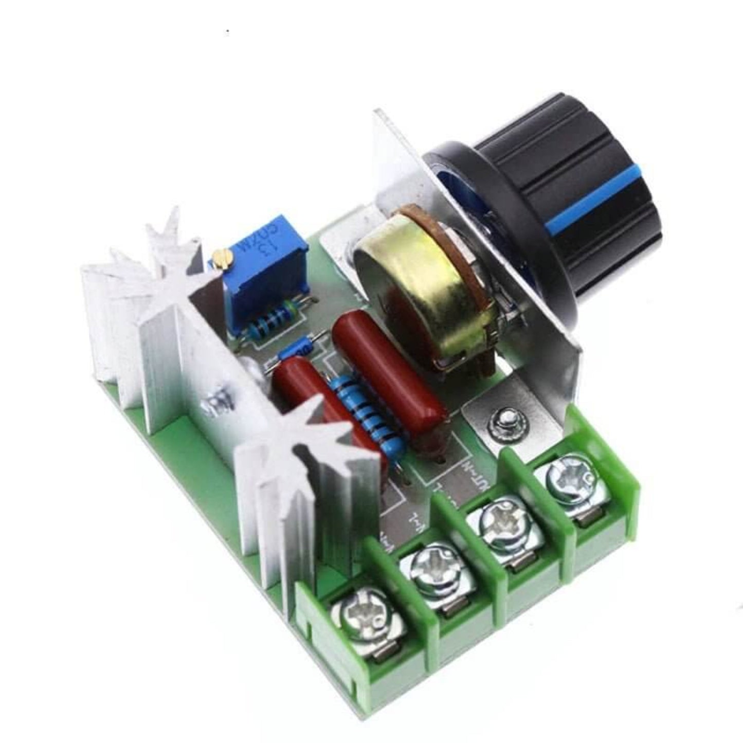 Close-up of the internal components of the voltage dimmer, including the STMicroelectronics SCR and high-voltage capacitors.