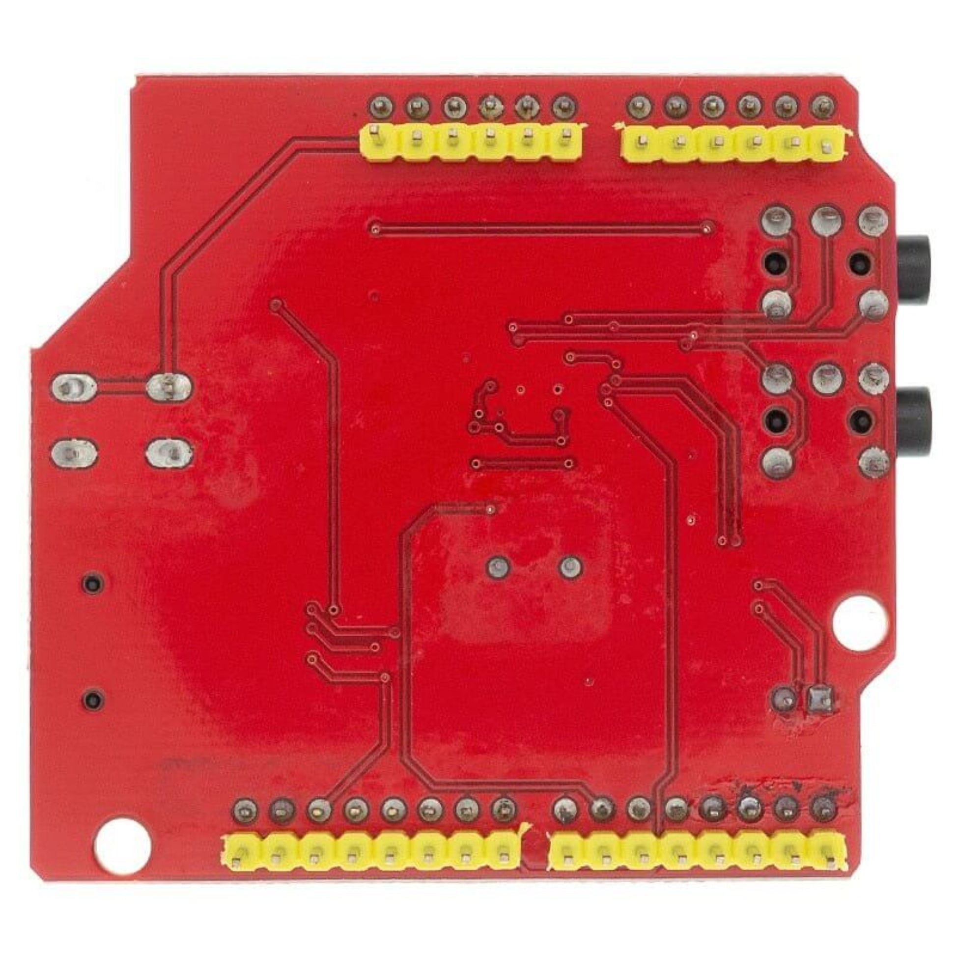 Back view of the red VS1053 MP3 module/development board, showing the headers for connection to an Arduino.