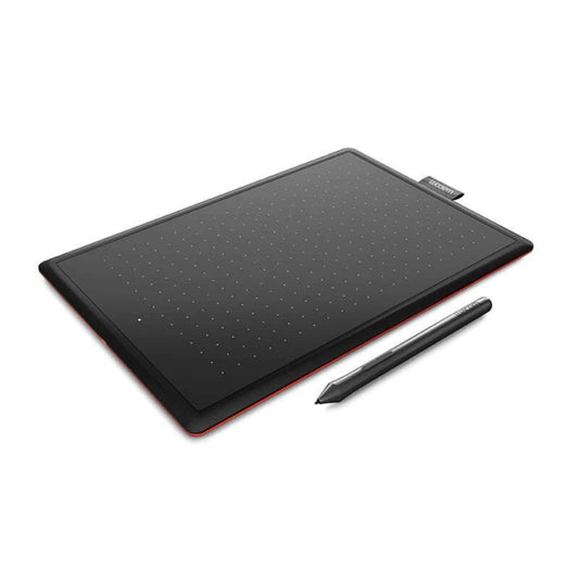 Angled view of a black Wacom CTL-672 graphic tablet with red accents and its battery-free pen.