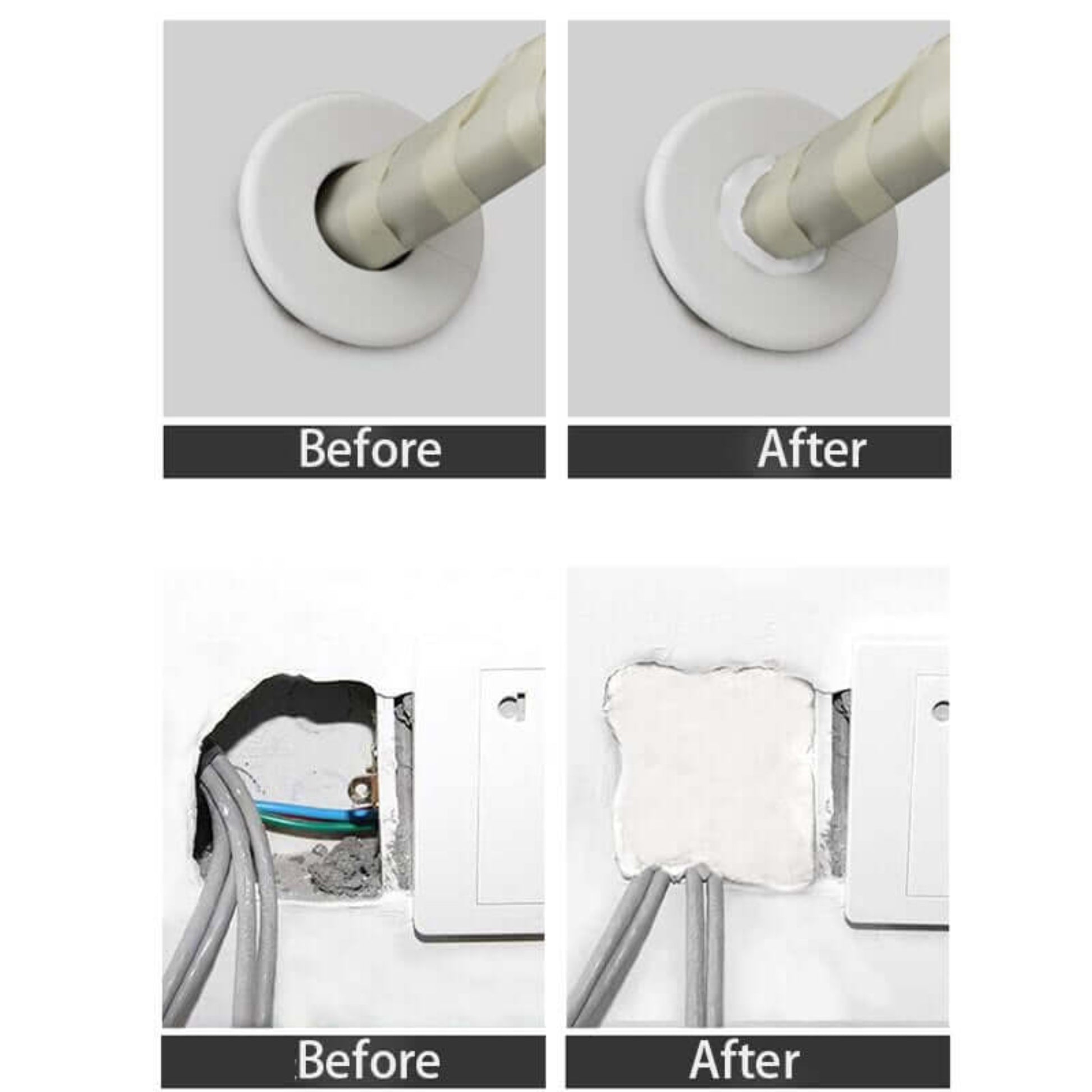 Before and after images of wall hole sealing with plasticine sewer pipe sealant, showcasing waterproof and eco-friendly features.