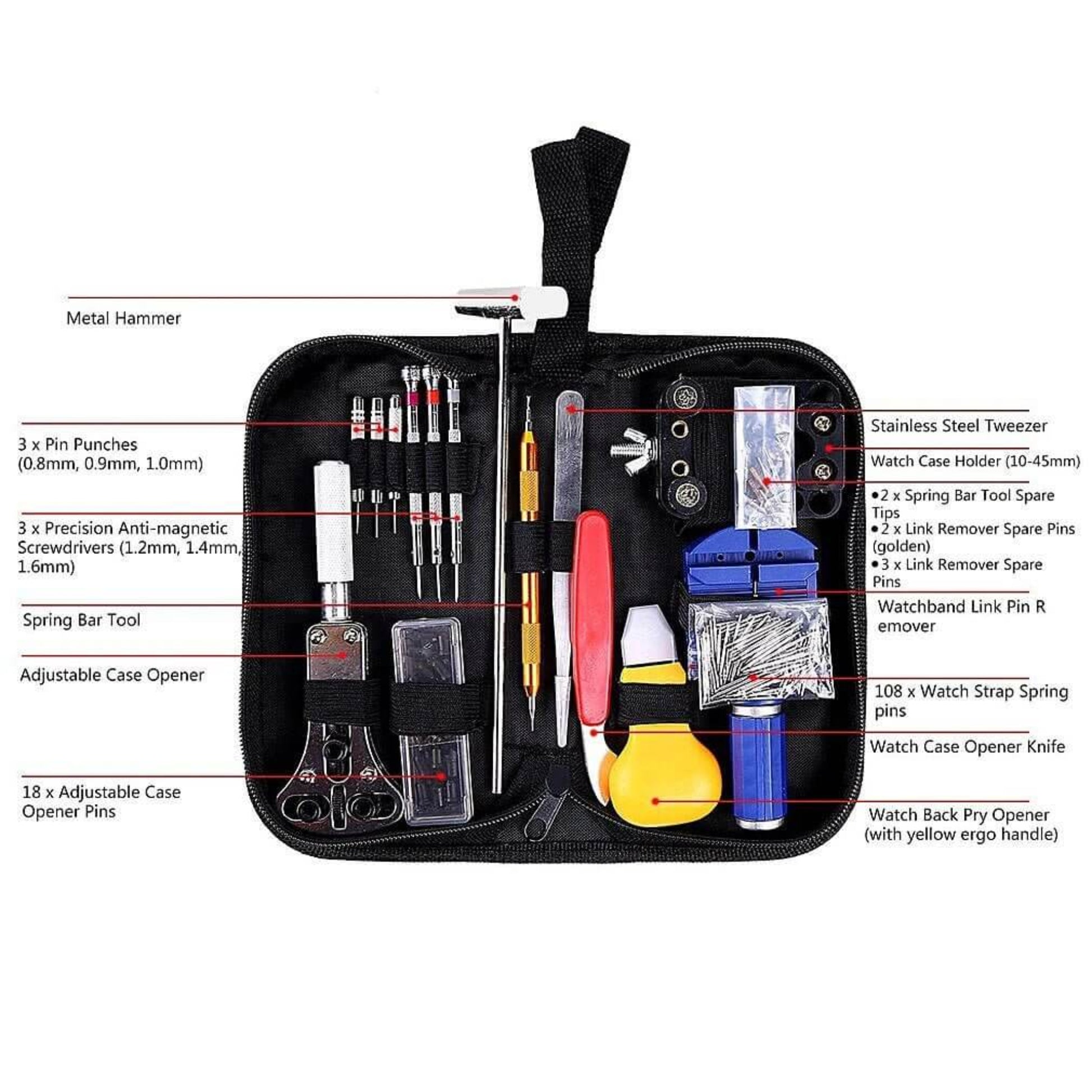 Comprehensive 147-piece professional watch repair tool kit in an open black carrying case, displaying all tools neatly organized.