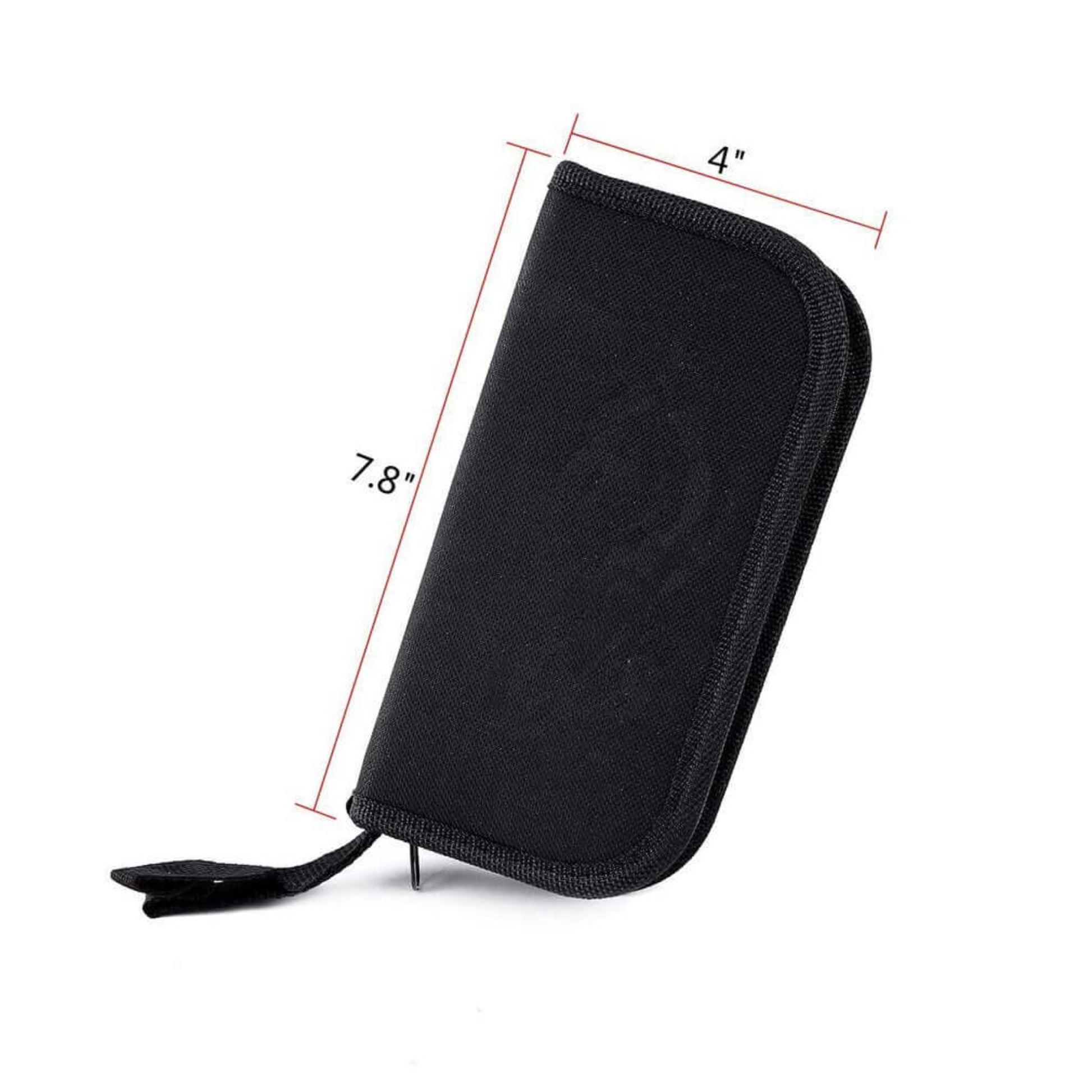 Closed black Oxford cloth carrying case for the watch repair kit, showing dimensions of 7.8 inches by 4 inches.