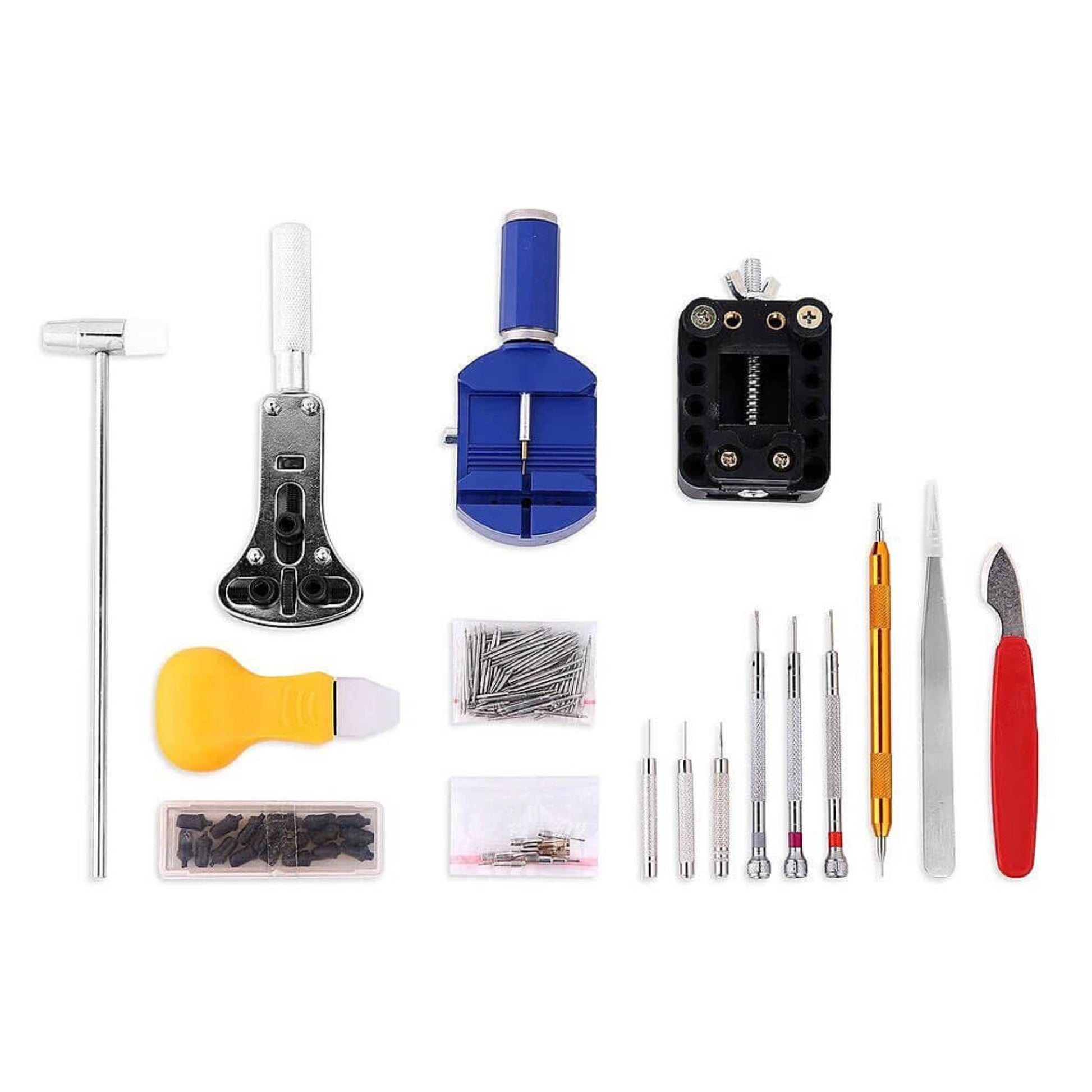 Selection of larger, heavy-duty tools from the watch repair kit, including the metal hammer, watch case holder, and watch band link remover.
