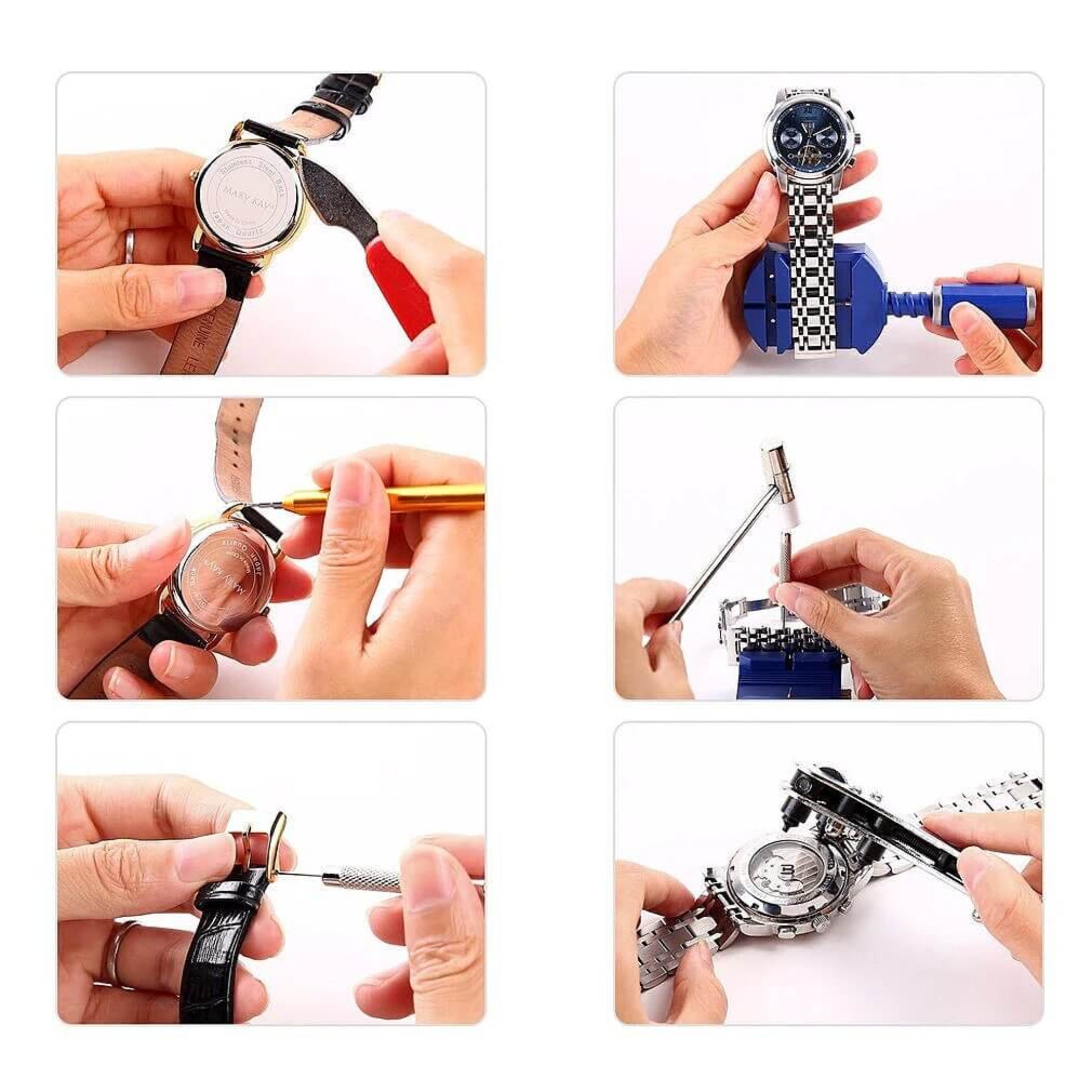 Collage of six images demonstrating the watch repair kit in use, showing tasks like opening watch cases, adjusting bands, and removing links.
