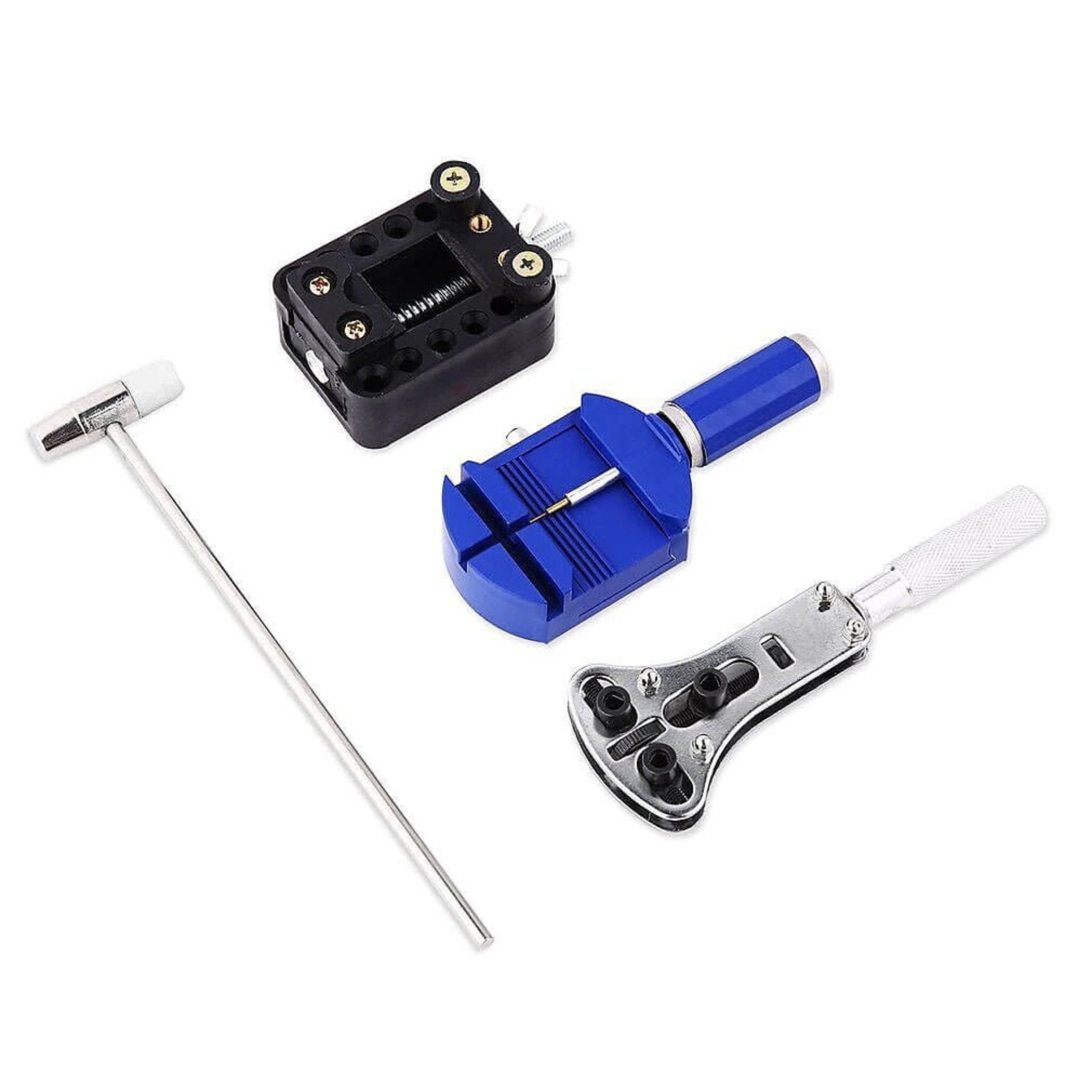 Detailed view of the 147-piece watch repair kit in its open case with key tools labeled, including metal hammer, pin punches, and spring bar tool.