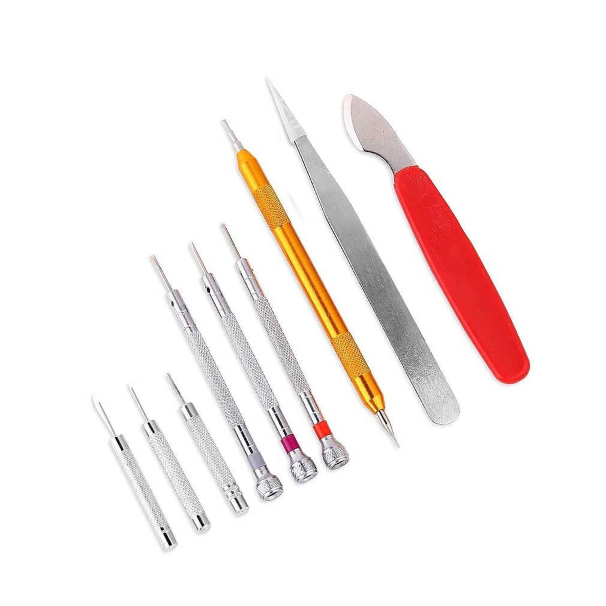 Close-up of various precision tools from the kit, including screwdrivers, tweezers, and watch back pry openers.