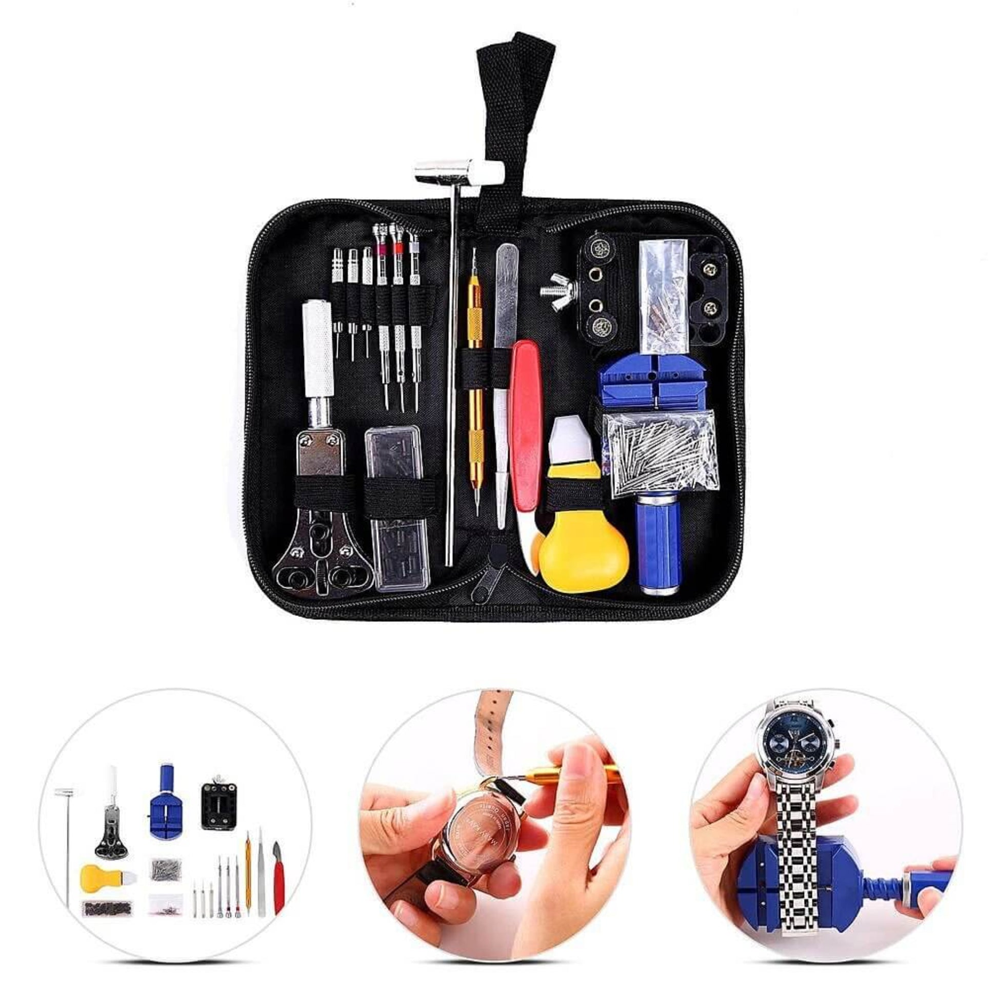 All 147 pieces of the watch repair tool kit spread out on a white background, showcasing individual tools like screwdrivers, pin punches, and case openers.