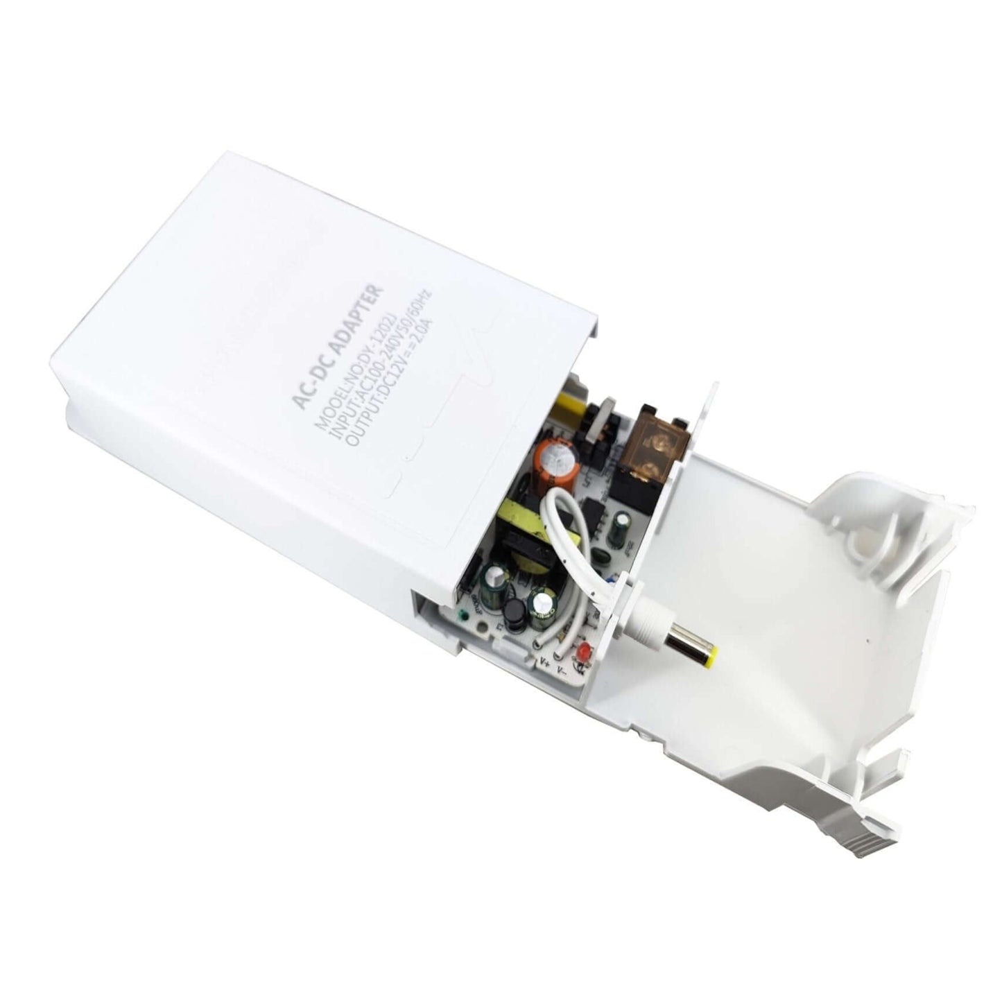Inside view of a 12V 2A outdoor waterproof CCTV power supply adapter in white color.