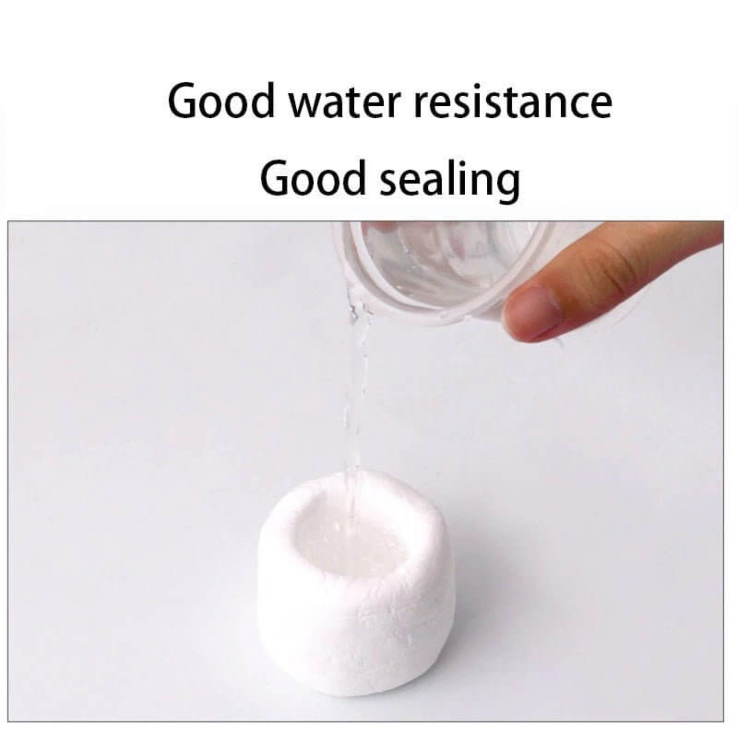 White sealant demonstrating good water resistance and sealing properties while liquid is poured.