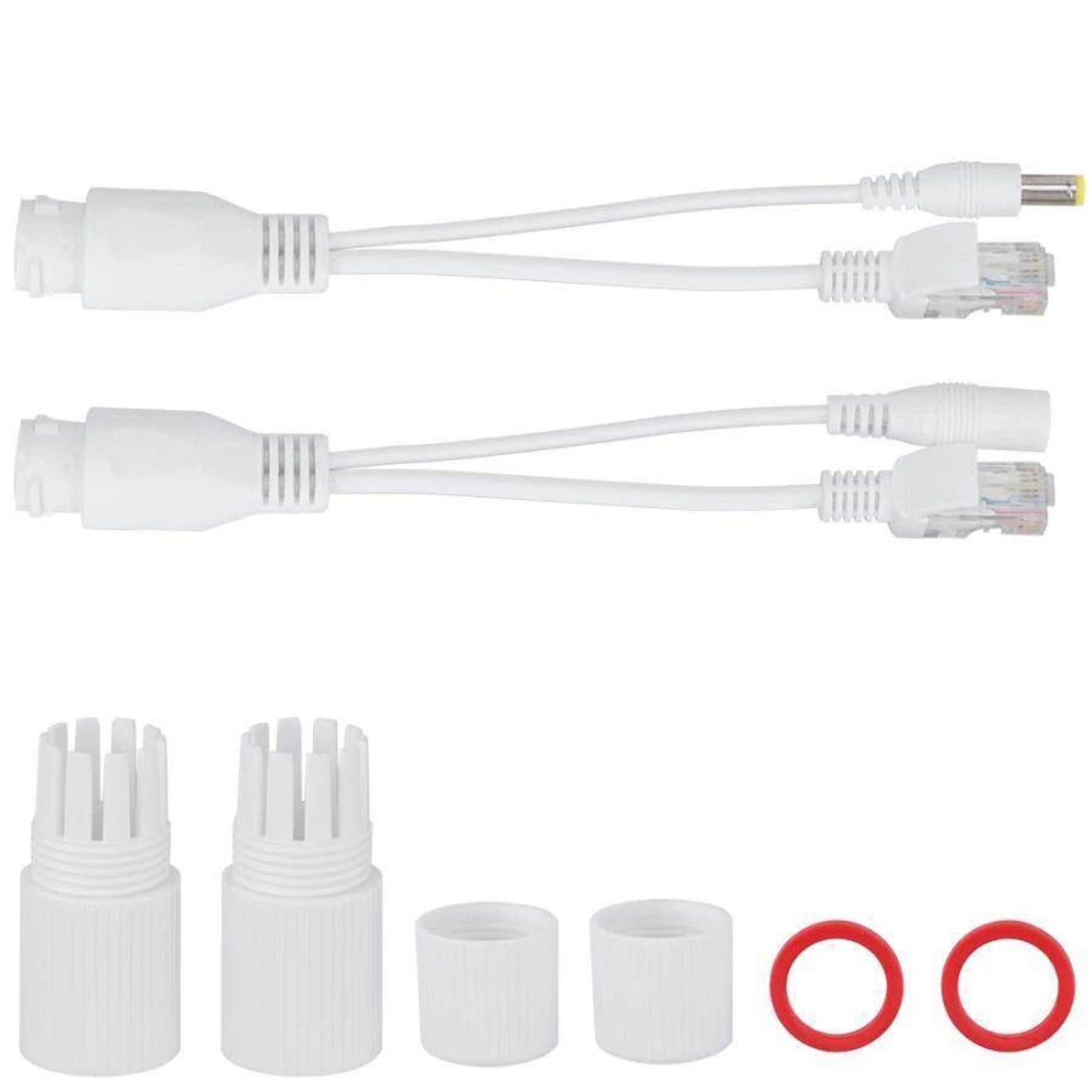A pair of white passive PoE adapter cables with waterproof caps and seals for outdoor applications.