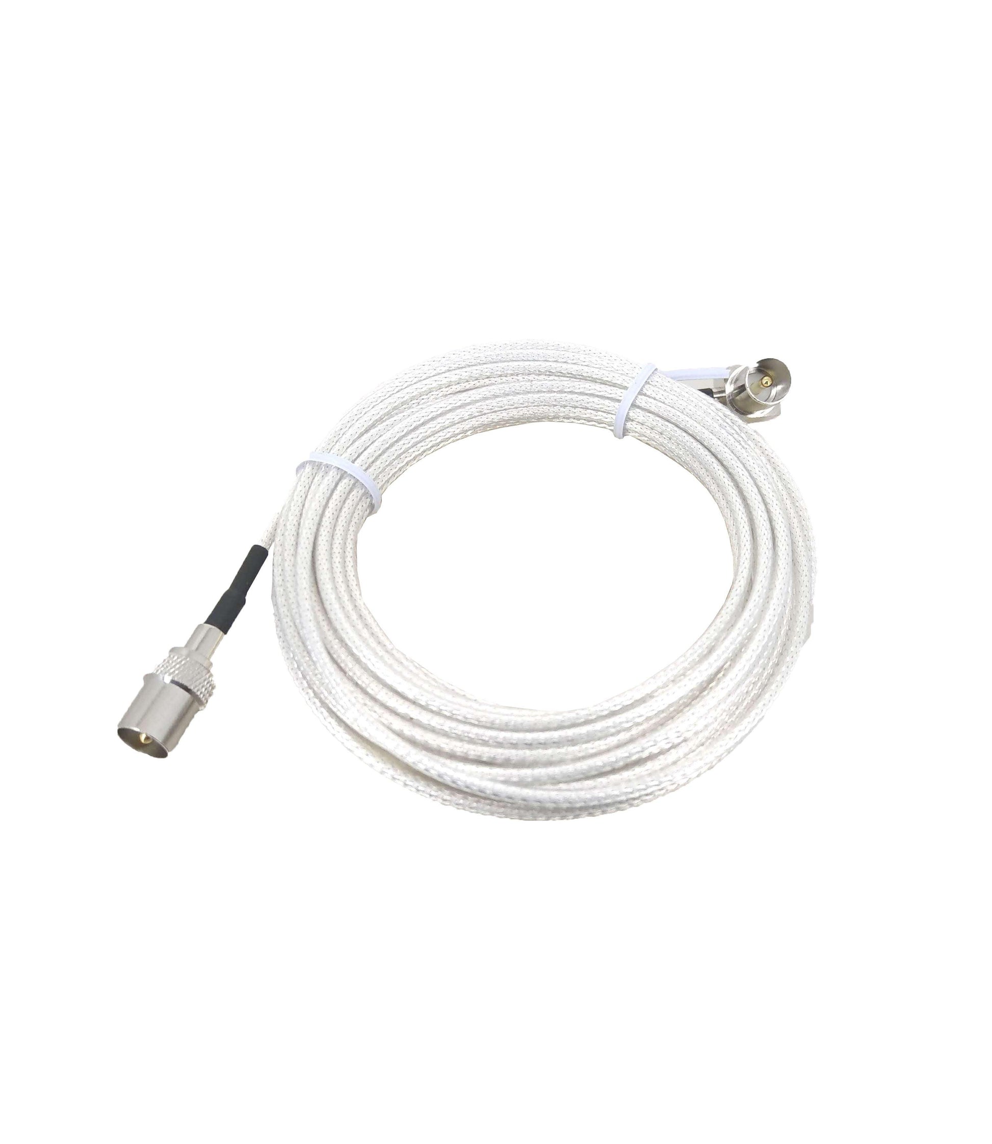 Coiled white RF coaxial TV antenna cable with male connectors.