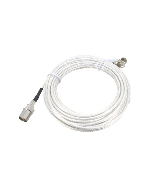 Coiled white RF coaxial TV antenna cable with male connectors.