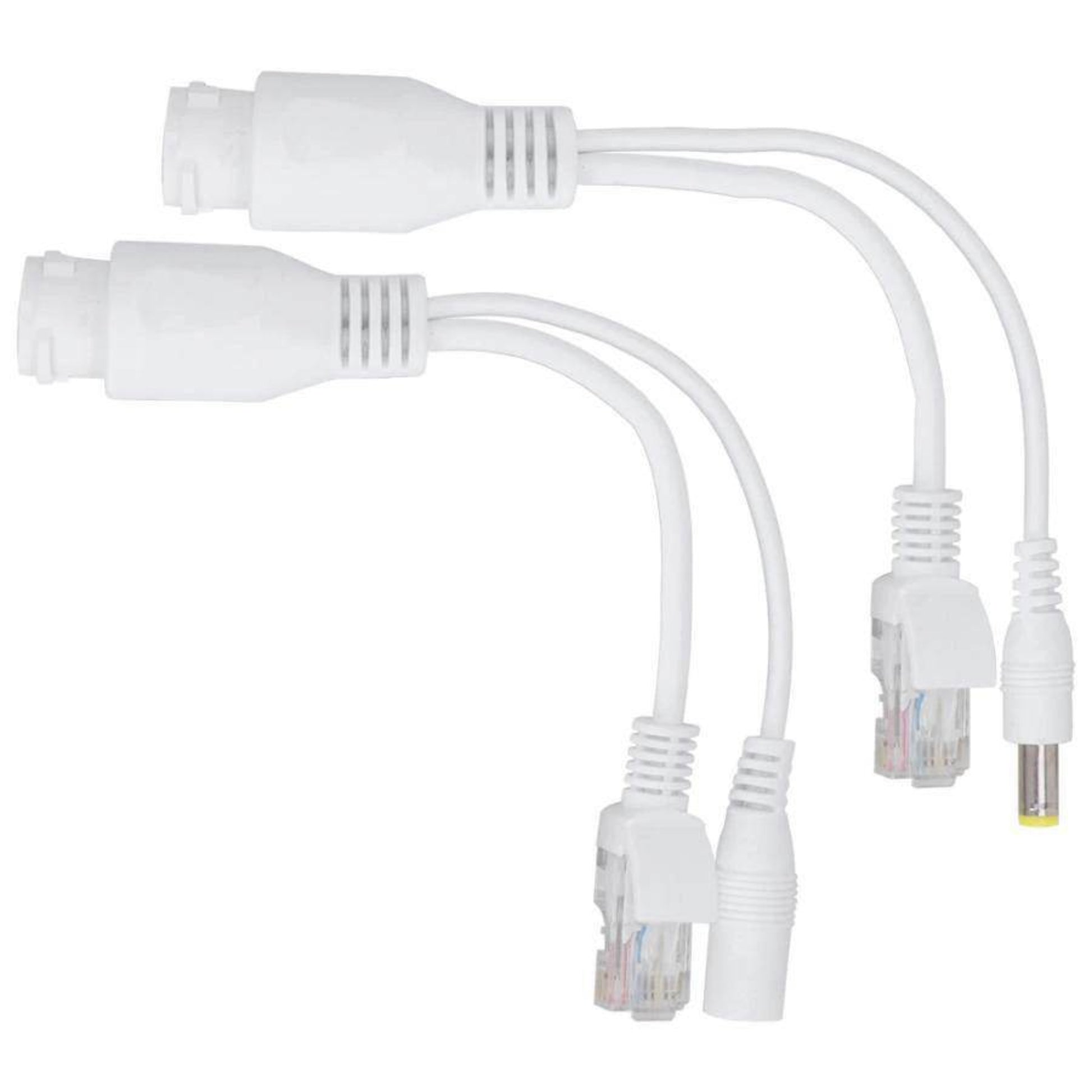 A pair of white waterproof PoE splitter cables for power and data transmission over Ethernet.