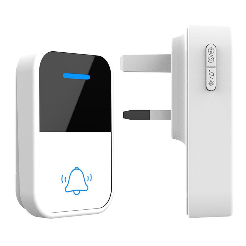 自供電無線門鈴，帶插電式接收器，顯示正面和側面控制。
