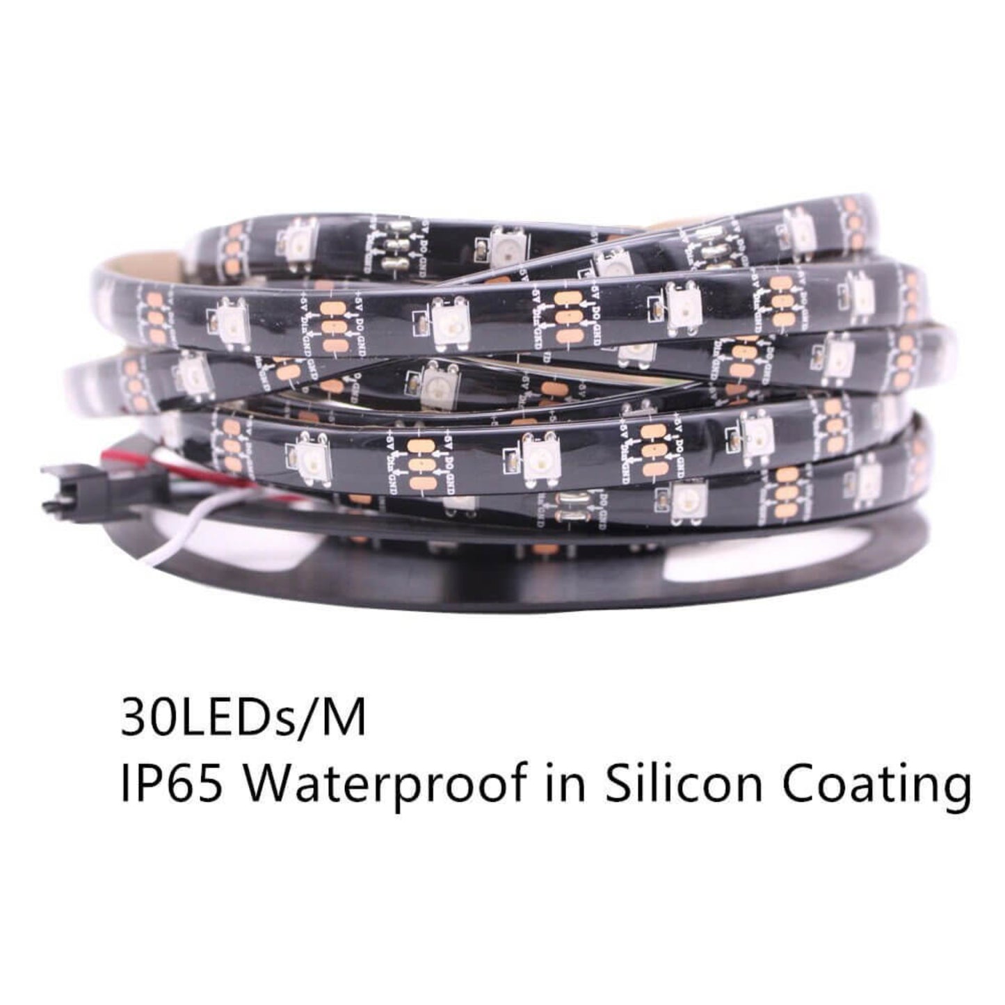 Close-up of WS2812B addressable LED strip, 30 LEDs/m, IP65 waterproof silicon coating.