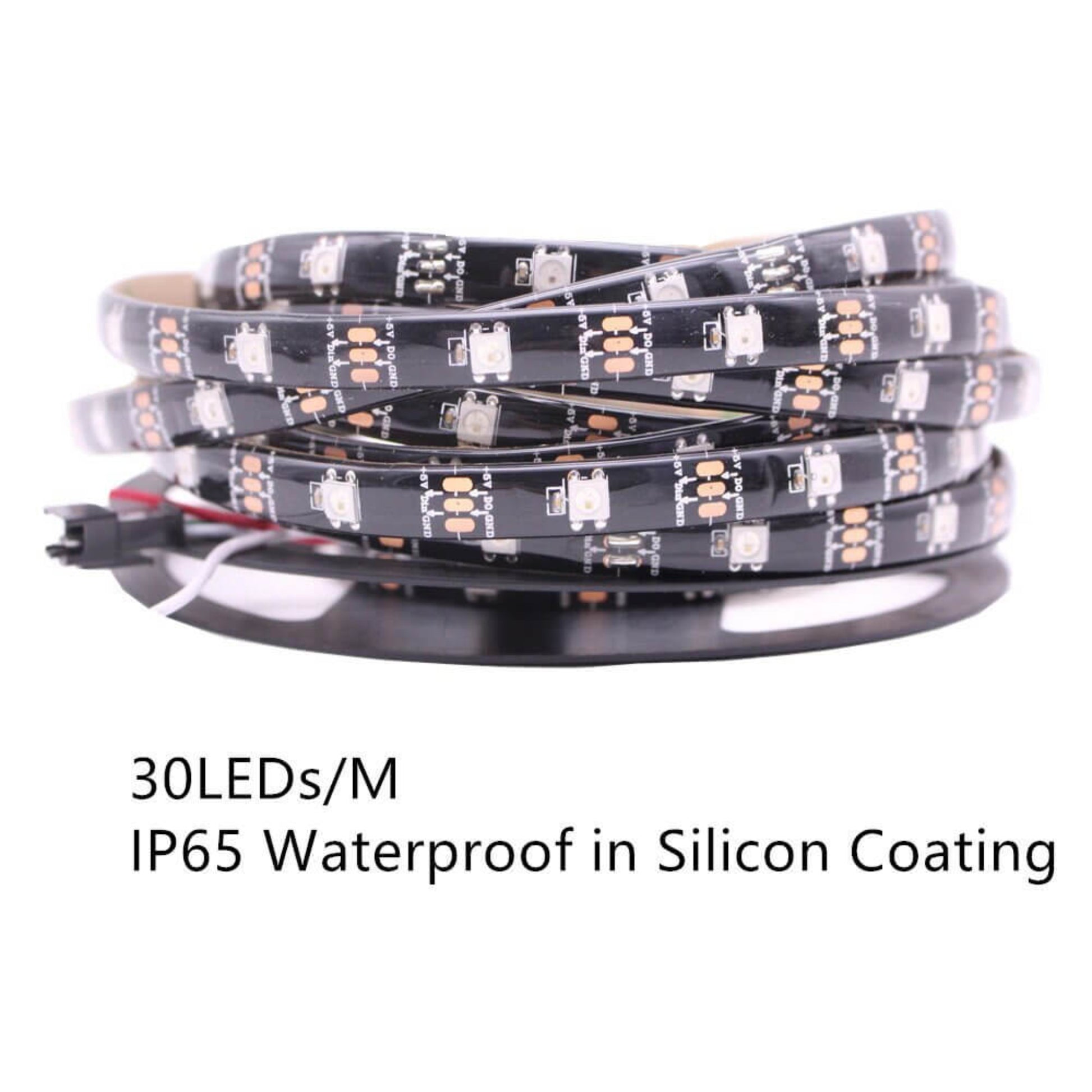 Close-up of WS2812B addressable LED strip, 30 LEDs/m, IP65 waterproof silicon coating.