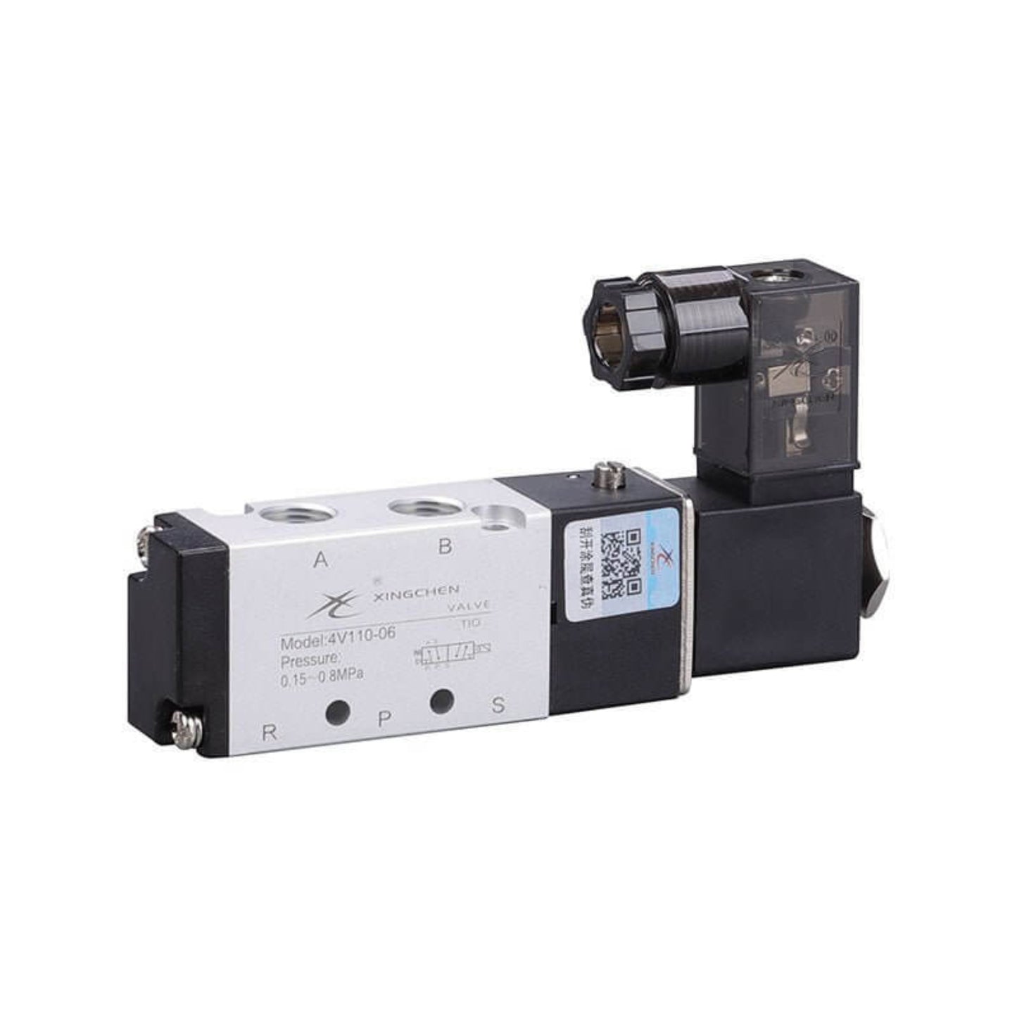 Xingchen 4V110-06 5-way 2-position pneumatic solenoid valve with black IP65 connector cover.